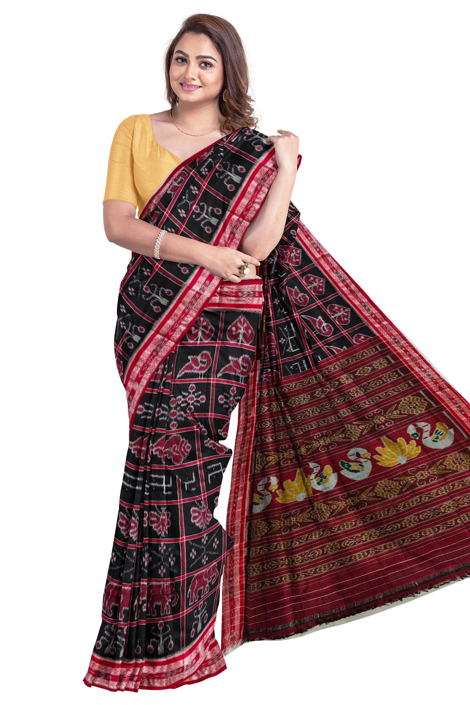ODISHAHANDLOOM Pure Premium Luxury Cotton Ikat Traditional Handloom Nabakothi Saree for Women, Red with Black, without Blouse-picture-15