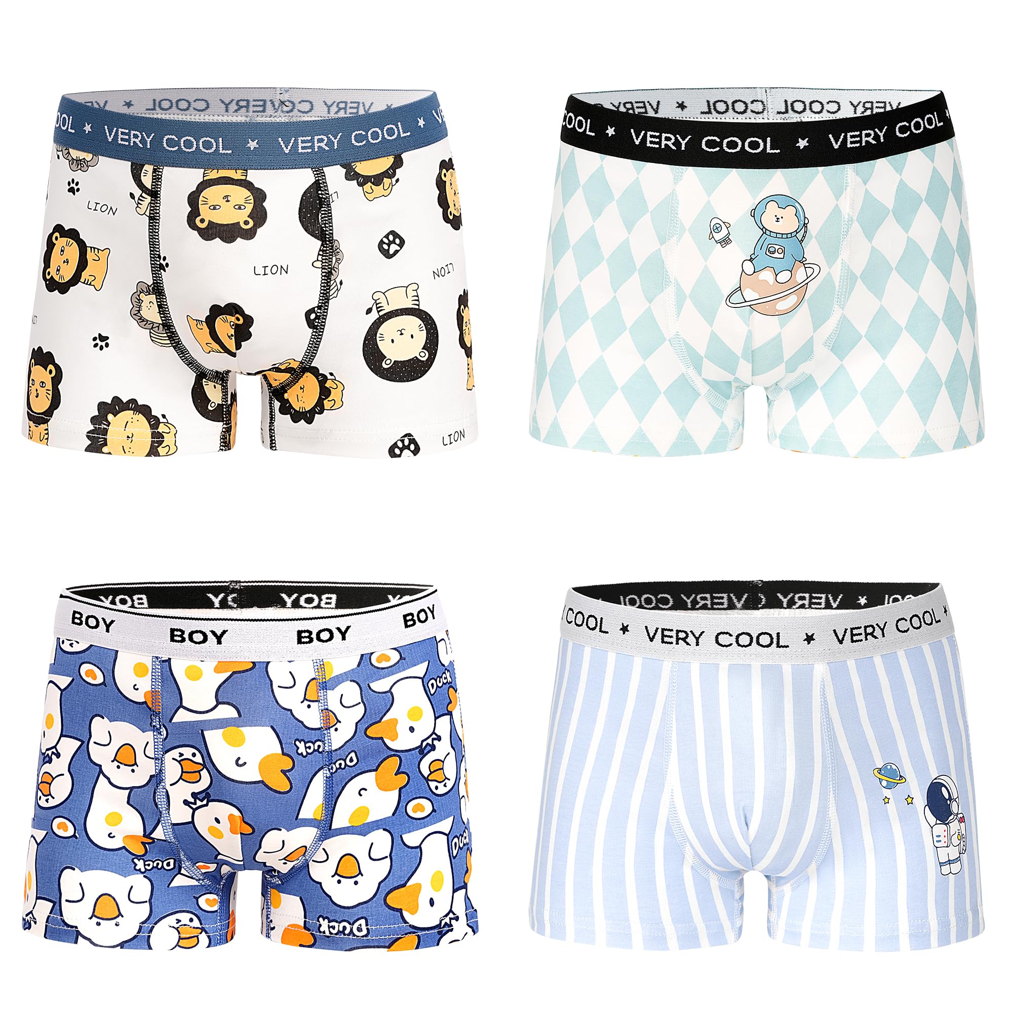 HYCLES Boys Cotton Boxer Briefs Cartoon Dinosaur Spaceman Duck Toddler Kids Underwear 4 Pack 2-12 Years