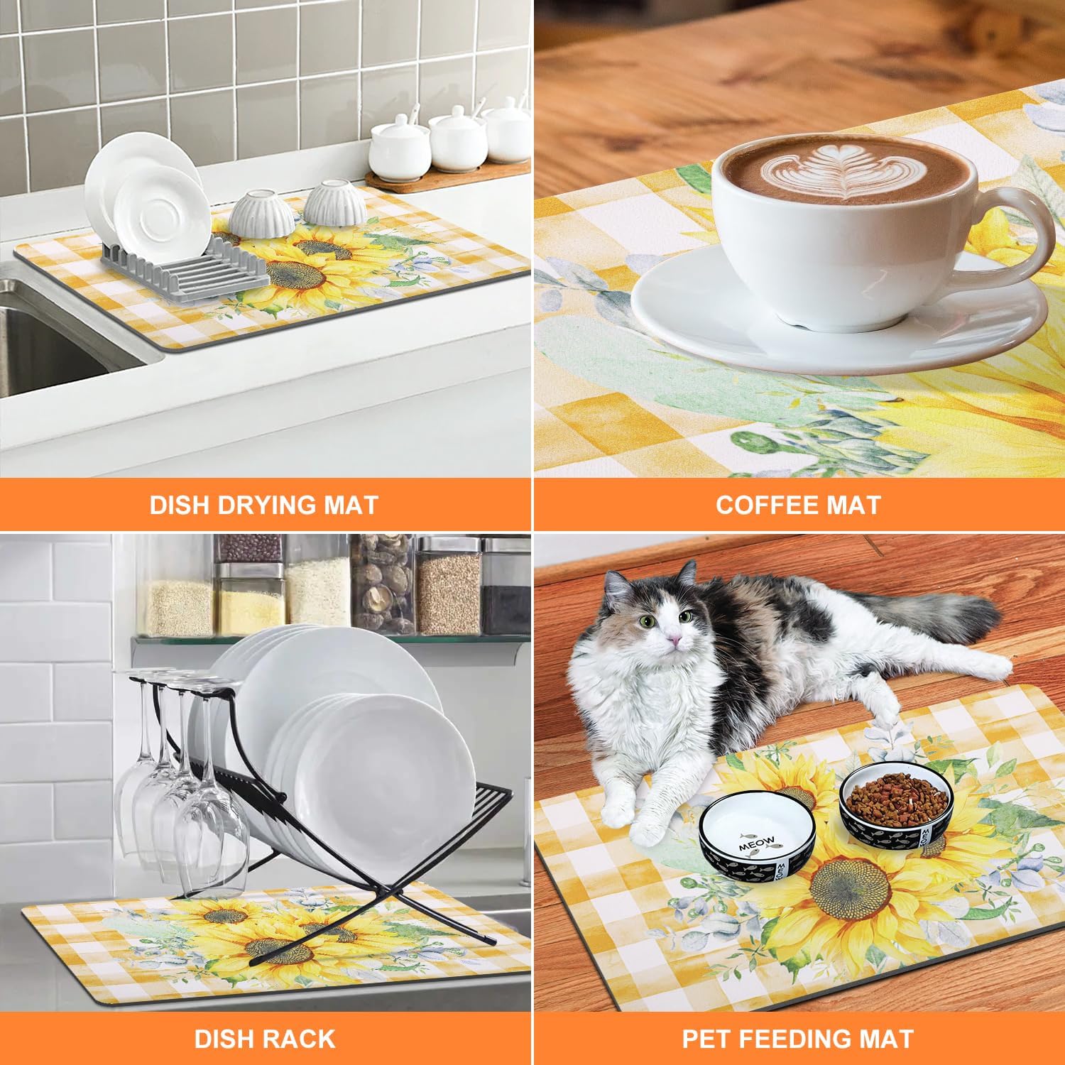 LOKHOM Dish Drying Mat for Kitchen Counter, 17"x32" Absorbent Coffee Bar Mat with Sunflowers, Vintage Floral Dish Drainer Rack Mat for Decoration