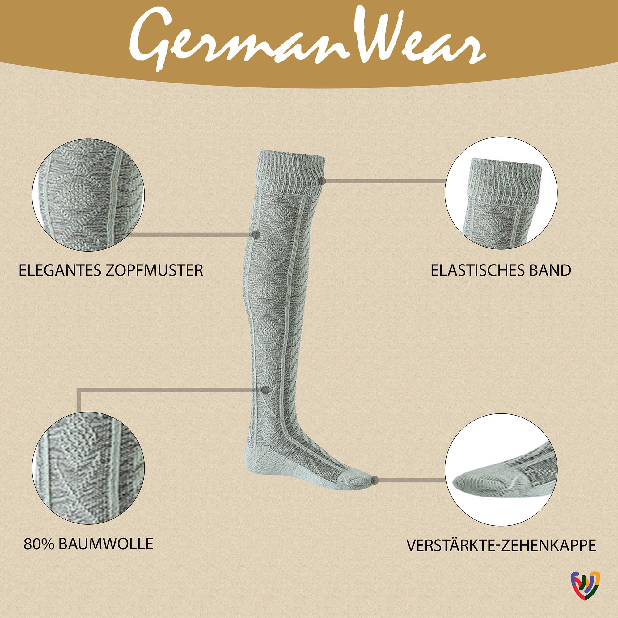 German Wear EXTRA Lange Trachtensocken Strümpfe mit quadratisches muster Trachtenlederhose Socken 75cm