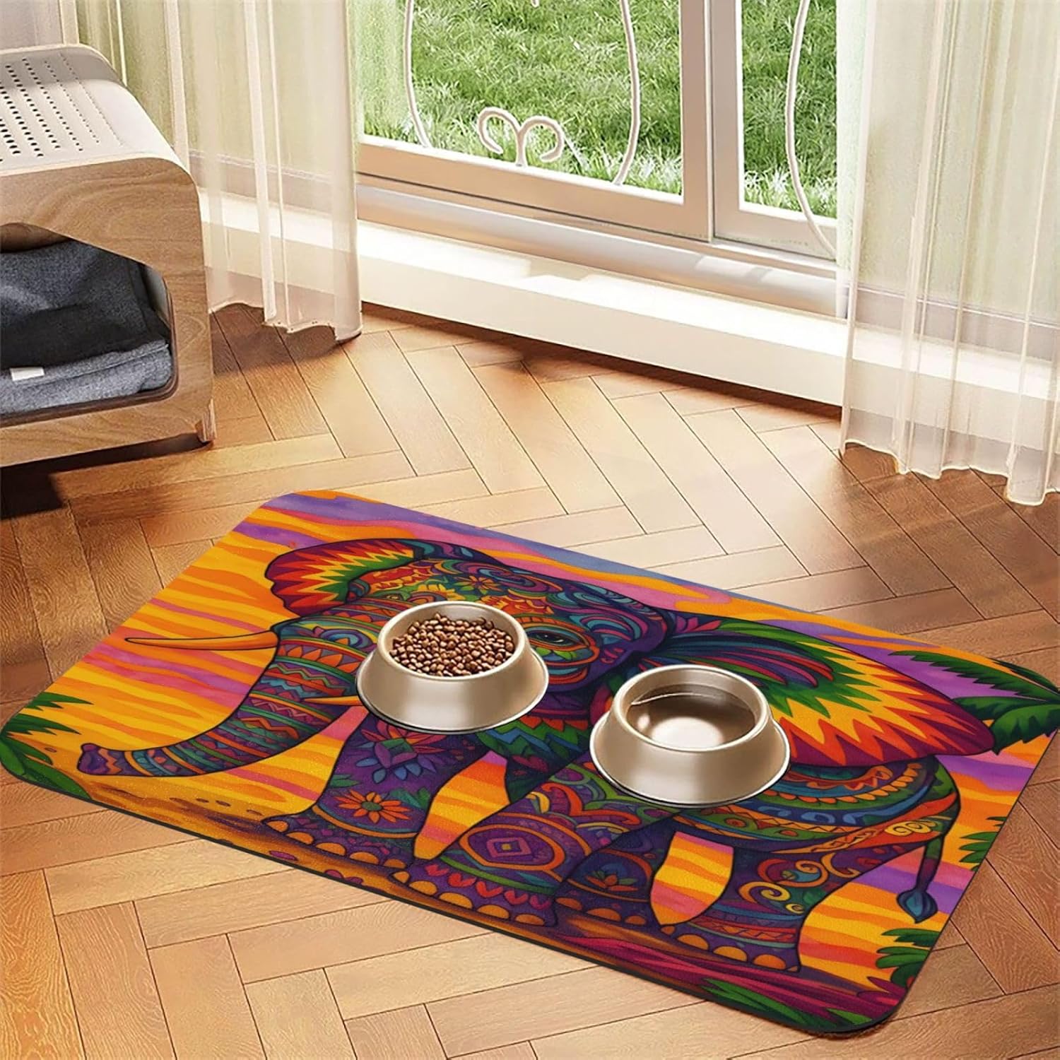 Colorful Elephant Dog Food Mat, Leather Pet Feeding Mat, Cat Mat for Food, Absorbent Pet Placemat for Indoor Outdoor Water Bowl 40x60cm