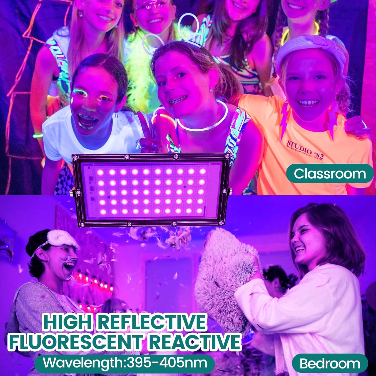 50W Black Lights for Glow Party - iCreating Indoor Strong High Power Black Light Flood Light 395nm UV Blacklight Floodlight Purple BlackLights Spotlight Fluorescent UV Lights for Halloween (4 Pack)