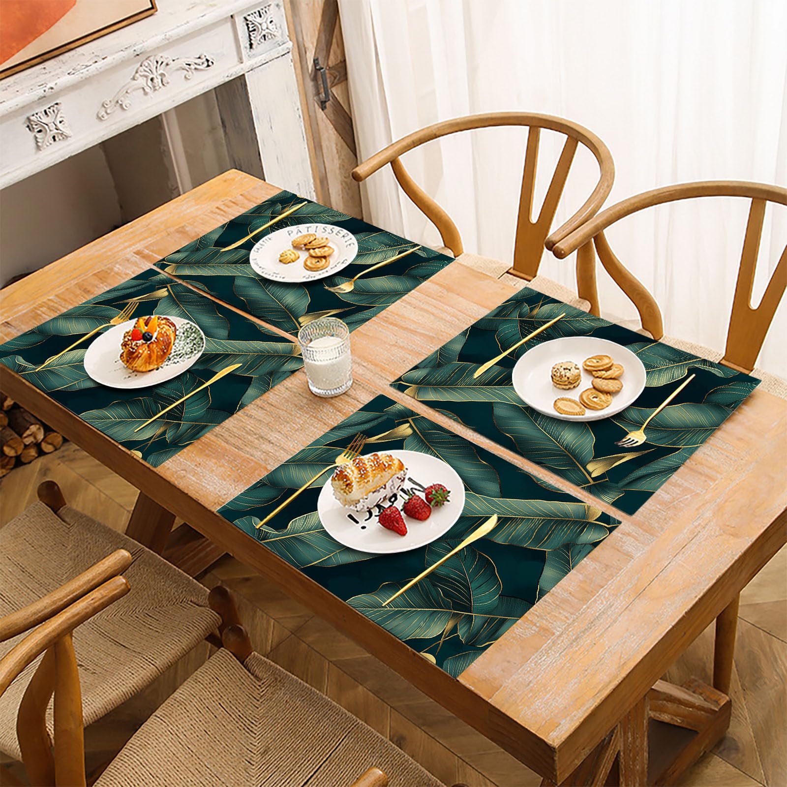 Tovagliette Americana Lavabili Foglie Di Banano, Set di 8 Tovagliette Non-scivolose Resistenti al Calore, Trama Dorata Tovaglietta Americane per Cucina, matrimoni 45 x 30 cm