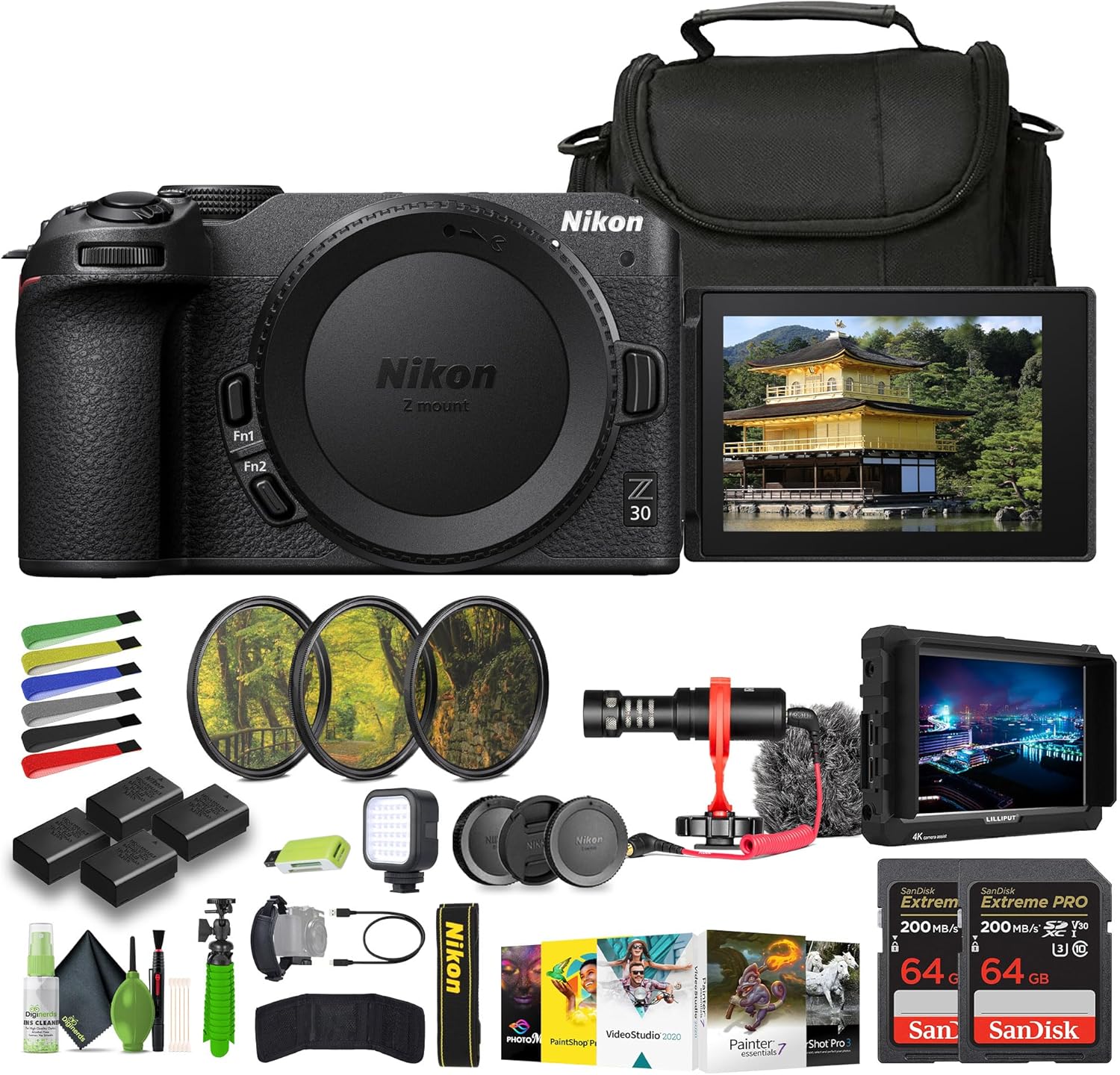 Nikon Z30 Lightweight Mirrorless Camera + 3X ENEL25 Replacement Battery + Soft Case + LED Light + 2X Extreme PRO 64GB Card + Photo Editing Software + Mic + External Monitor + More (Renewed)