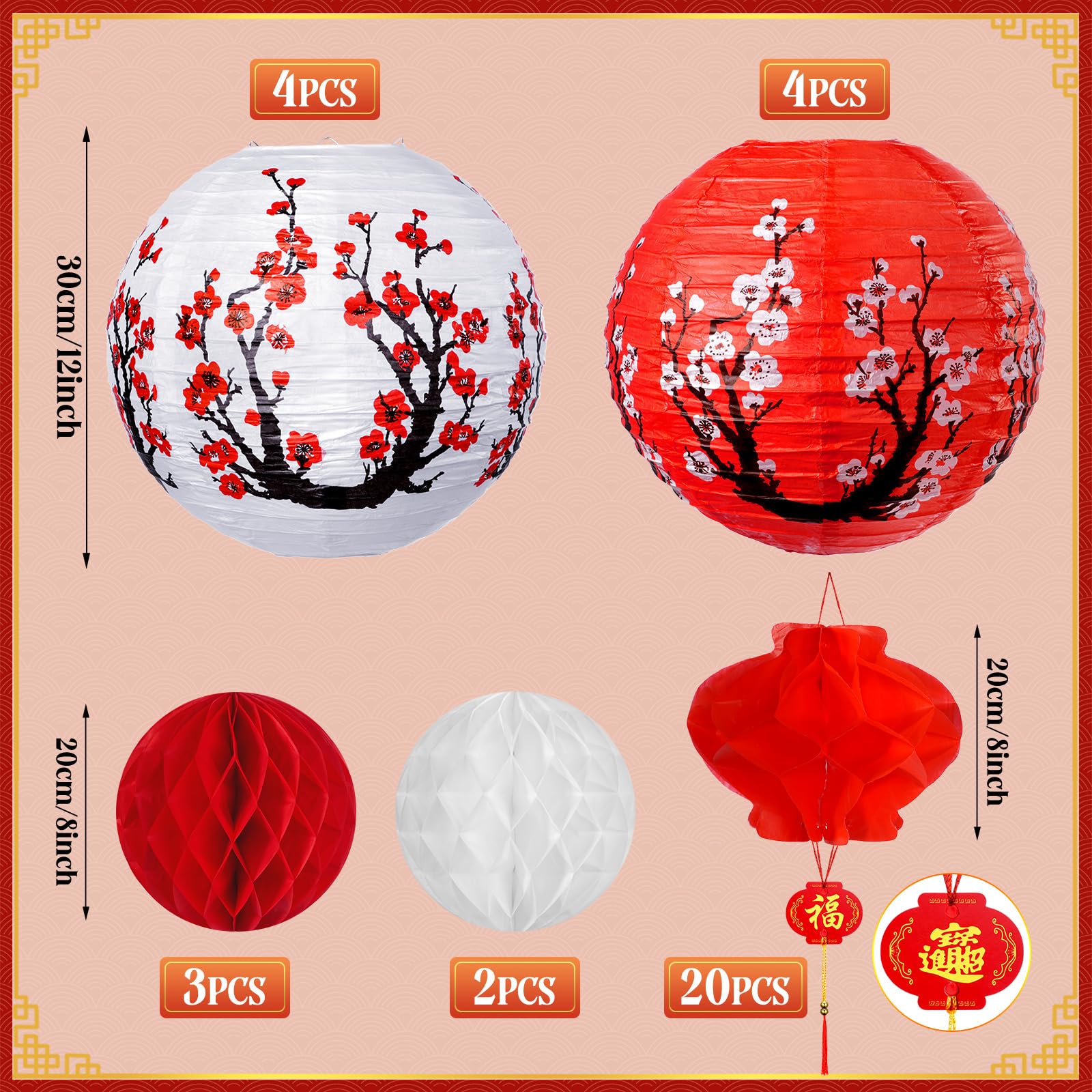 33 Pcs Chinese Japanese Paper Lantern New Year Decorations, Lunar New Year Lanterns Decoration Set, Red White Cherry Blossom Decorative Hanging Paper Lanterns for Chinese Spring Festival Year of Snake