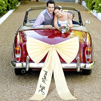 Zeyune 30 Inch Just Married Car Decorations Wedding Car Decorations Reception & Ceremony Decor Kit Giant Ribbon Bow Automotive Decoration Accessories Ideal for Elegant Wedding Party DecorBlack Words