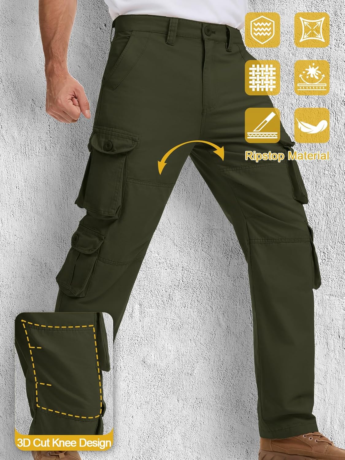 Men's Casual Cargo Tactical Pants, BDU Military Wild Army Combat Ripstop Work Pants with 10 Pockets #3316-Army Green-34 - Image 7
