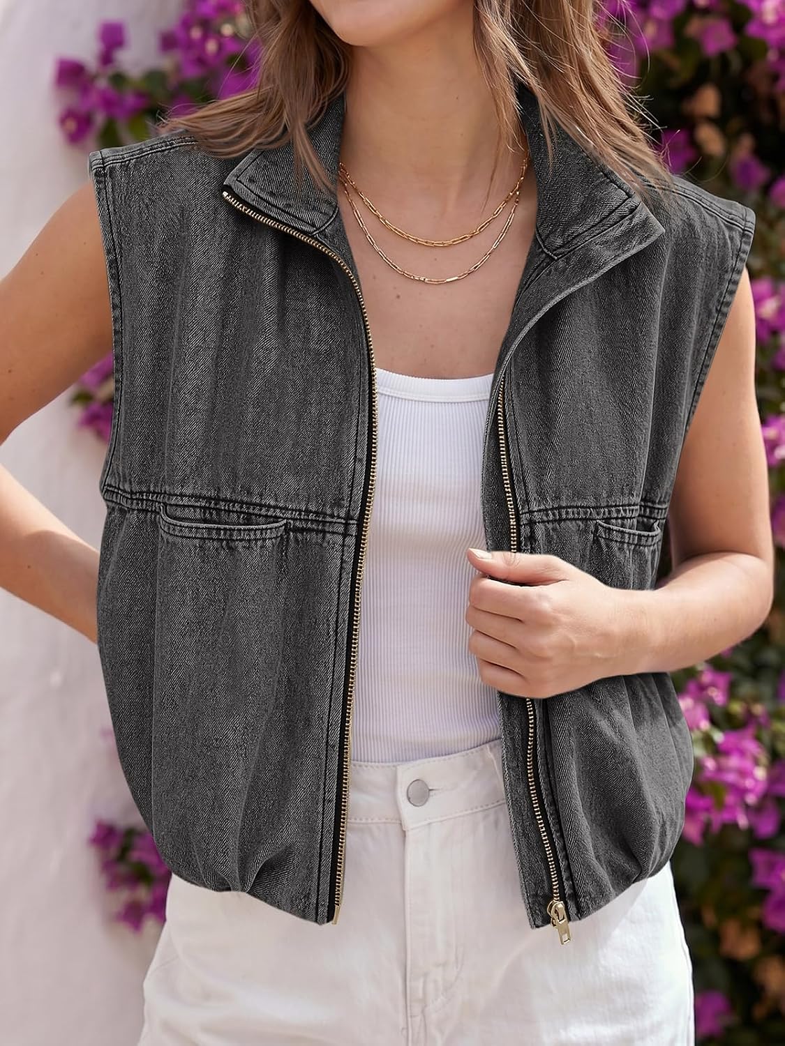 Tankaneo Womens Zip Up Denim Vest Jean Top Summer Casual Sleeveless Jacket | Oversized, Ruched Hem, Trendy