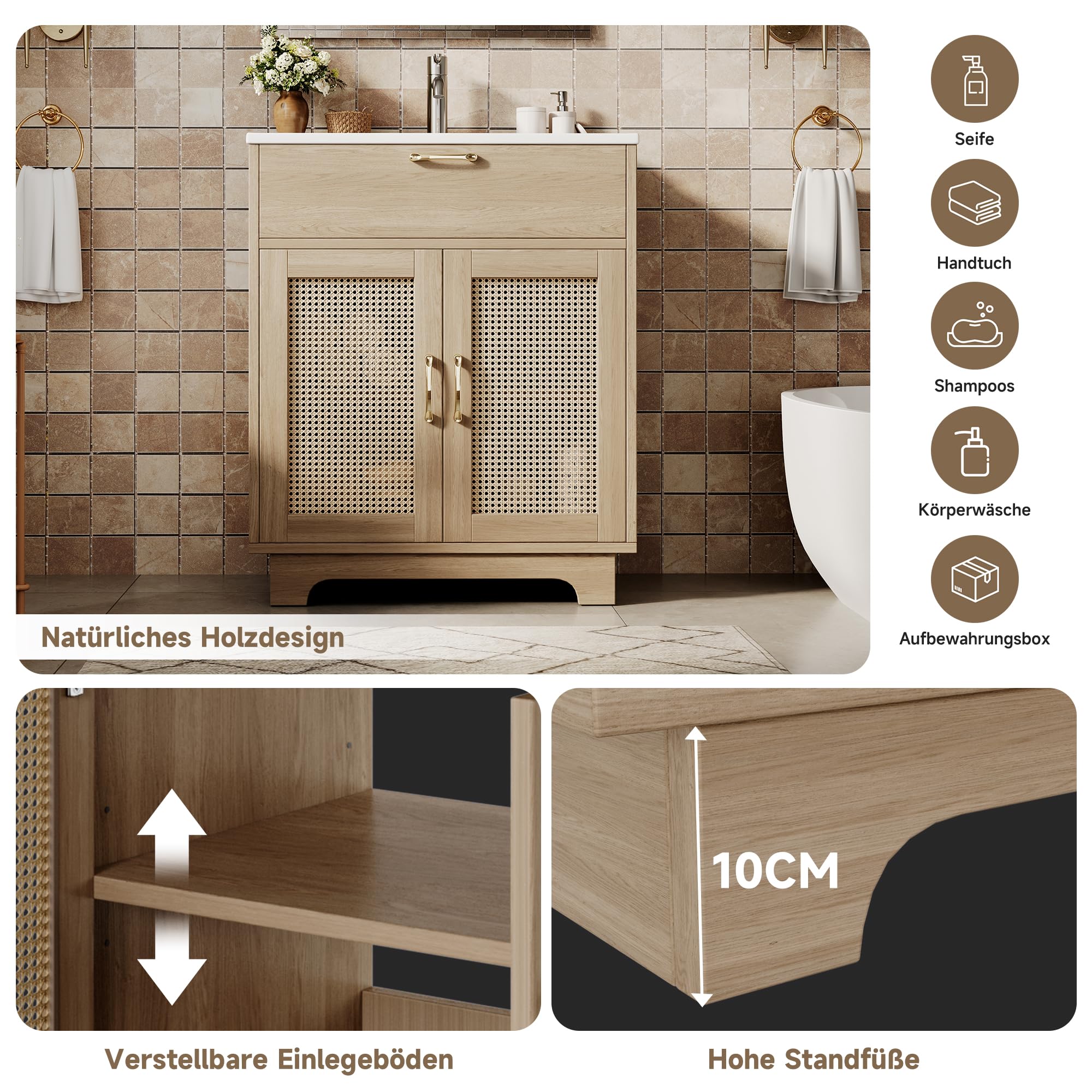 Tocador de baño independiente, resistente a la humedad, con diseño de elevador de cajones y puertas dobles de cierre suave, patas altas con detalles de ratán, lavabo de cerámica, color natural
