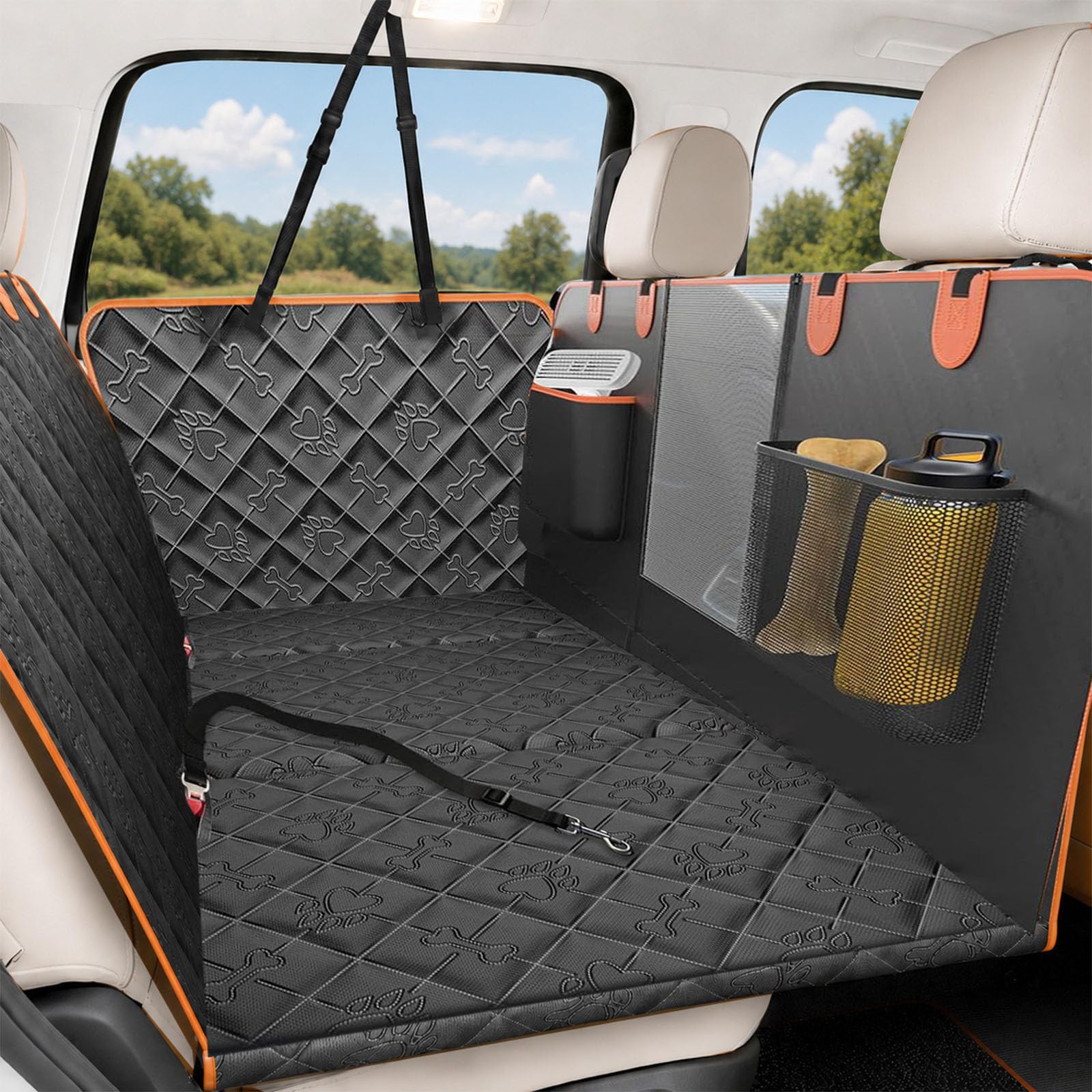 Fond Rigide Protection Voiture Chien Extension Housse Voiture Chien Aux Rayures Imperméable Protection Voiture Chien Siege Arriere avec Ceinture Convient à la Plupart des Voitures SUV Camions