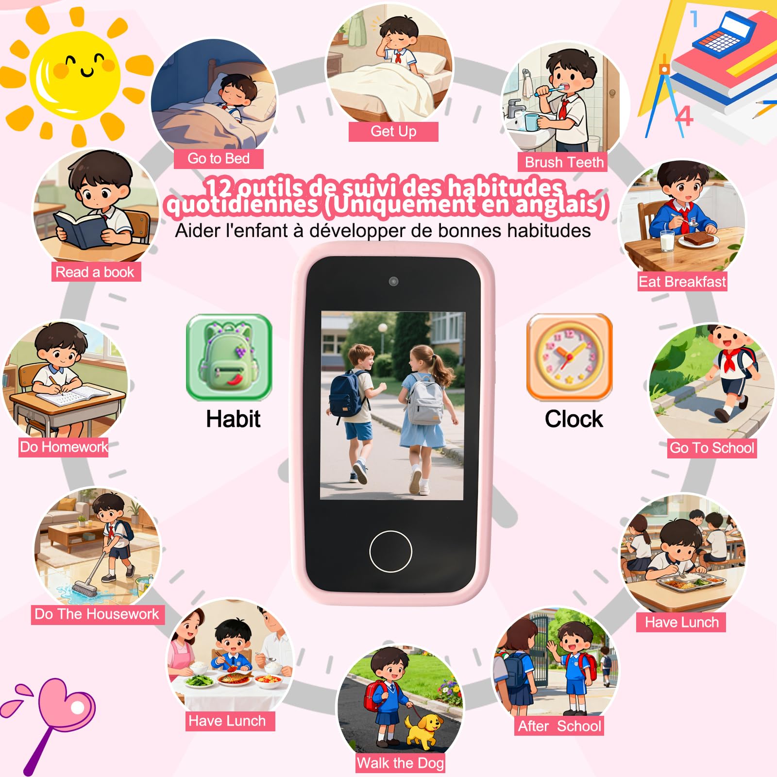 Téléphone Portable pour Enfants, Smartphone Enfant Jouets Enfant de 3, 4, 5, 6, 7 et 8 Ans avec Double Caméra d'enfants 2,8 Pouces Jouet éducatif Cadeau pour Filles de 3 à 8 Ans