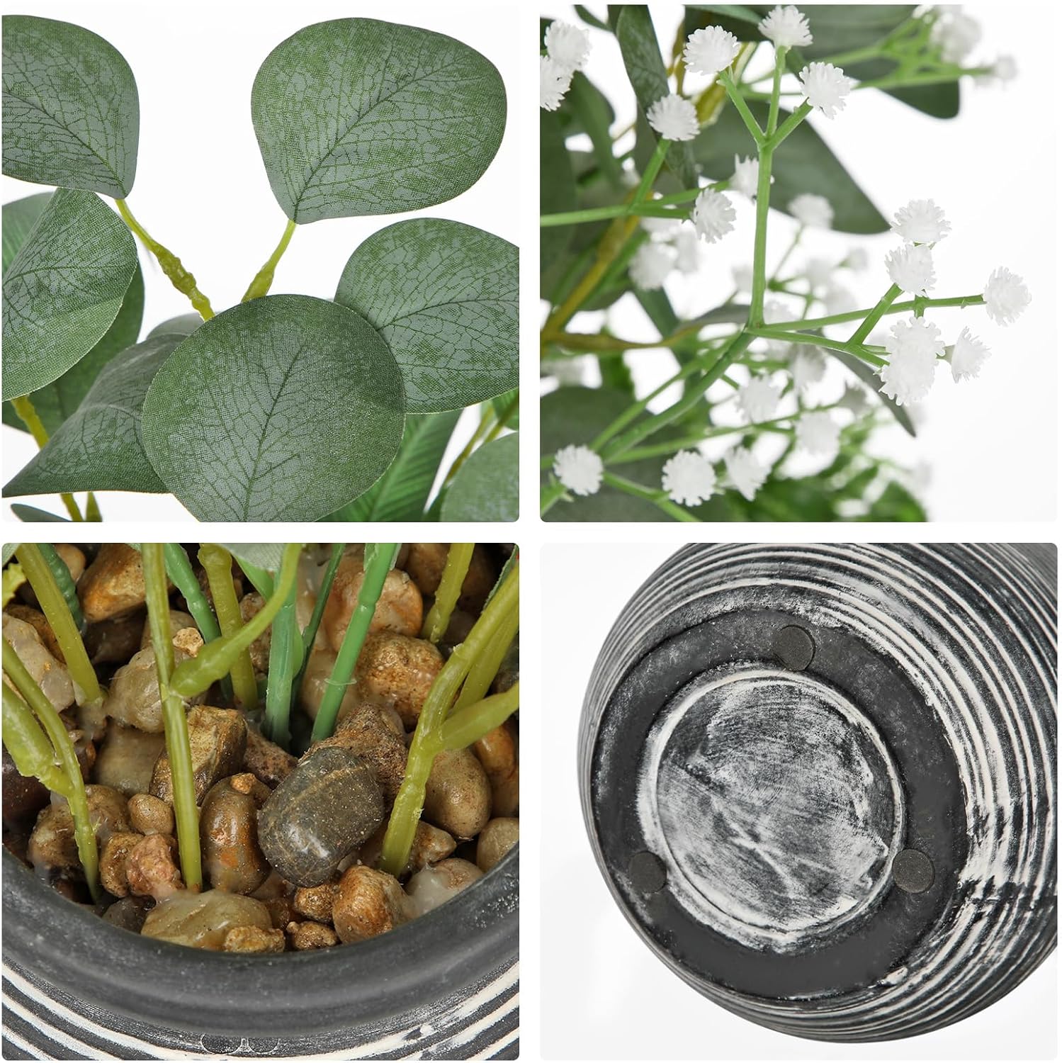 Briful Artificial Floral Arrangement Centerpiece with Eucalyptus & Mixed Greenery – 14.5” Pre-Arranged Faux Flowers in Textured Black & White Ceramic Vase for Table, Shelf & Entryway Décor