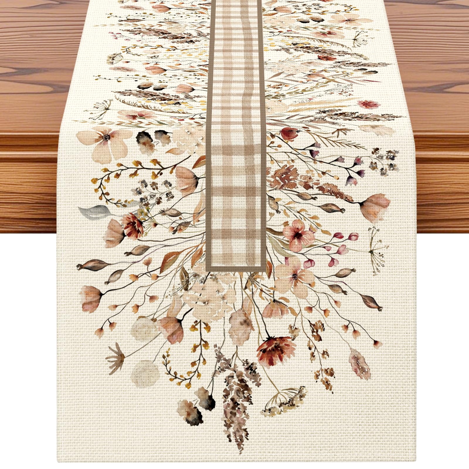 Artscope Plaid Table Runner Autumn Thanksgiving Holiday with Flowers and Leaves Pattern Seasonal Kitchen Dining Table Runner Decoration for Home Fall Party Decor 40x180 cm