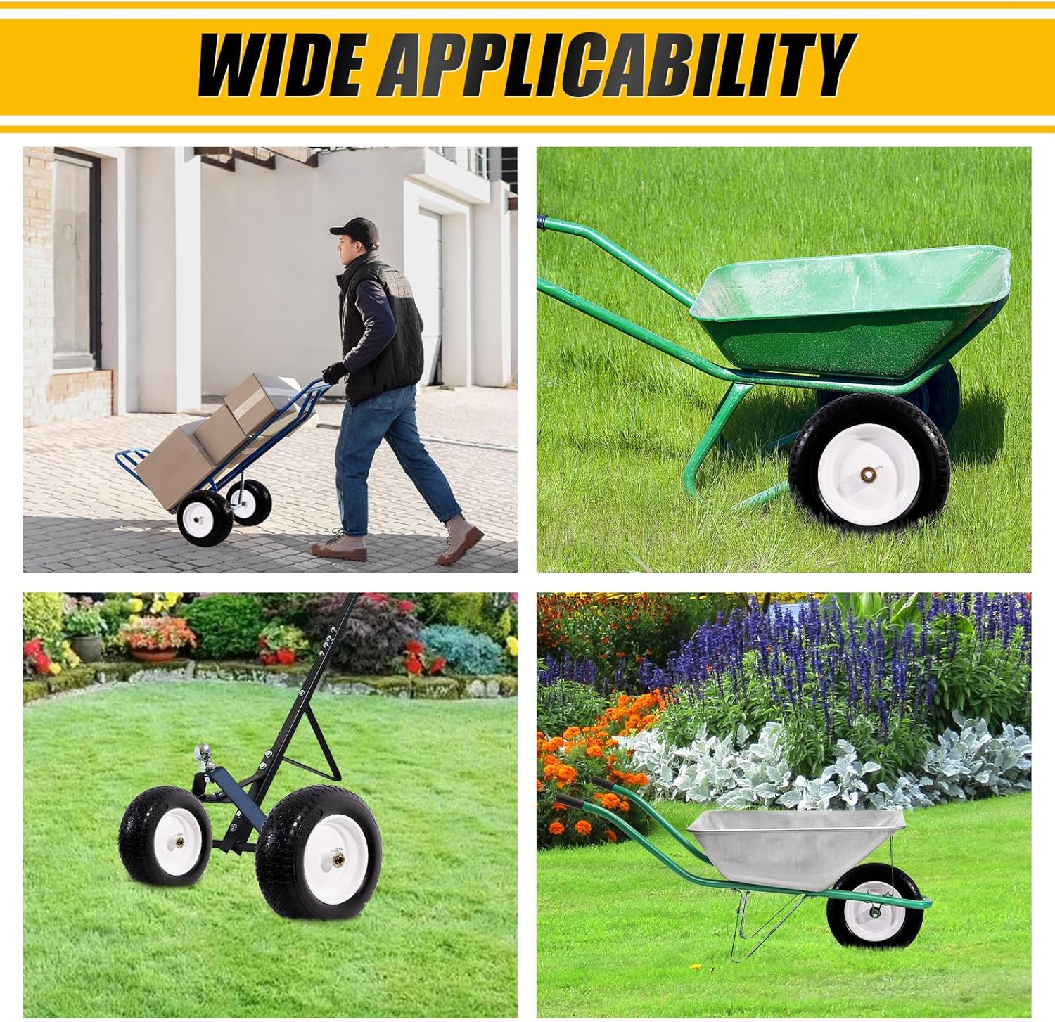 MZREXN 14.5" Wheelbarrow Tire Flat-Free 3.00/3.25/3.50/4.00-8" Solid Tire and Wheel with 3"-7" Centered Hub, 3/4" & 5/8" Bearings Replacement for Hand Truck/Dolly/Utility Cart/Garden Cart 2PCS White