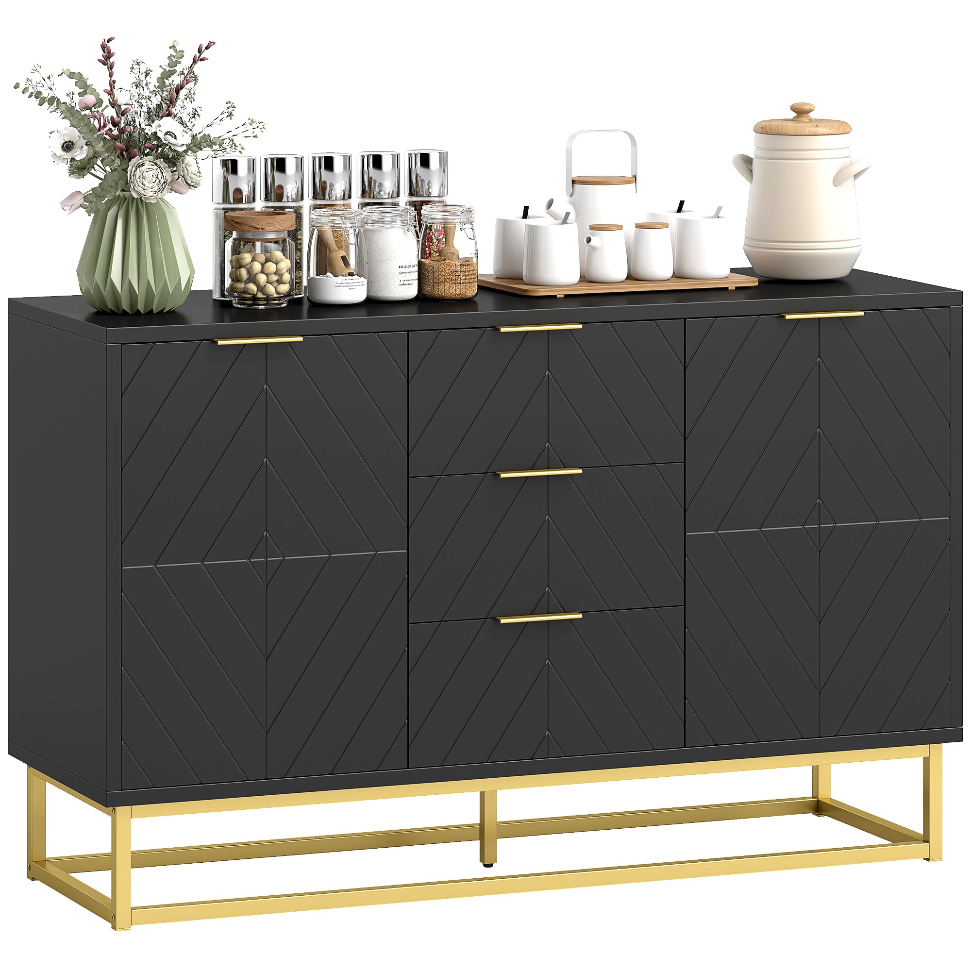 HOMCOM Credenza dal design grafico contemporaneo 2 armadi con ripiani regolabili 3 cassetti scorrevoli in legno nero e metallo dorato