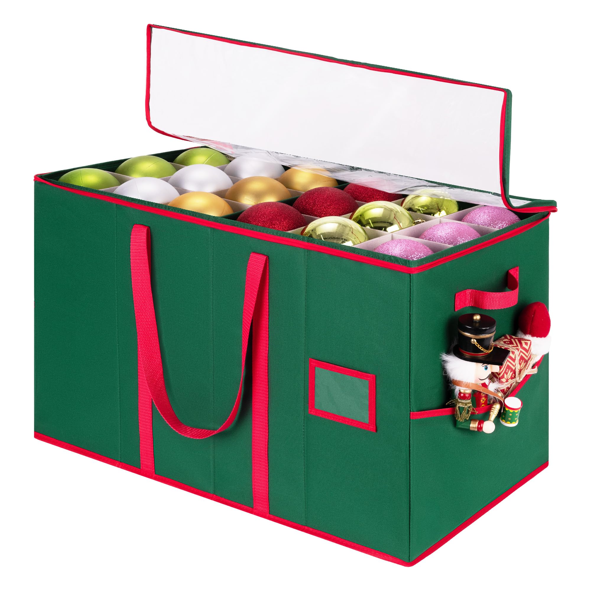 StorageWorks Christmas Ornament Storage Box, Fits 72 Holiday Ornaments 4-Inch Organizing Containers, Xmas Decoration Organizer with Adjustable Dividers, Green