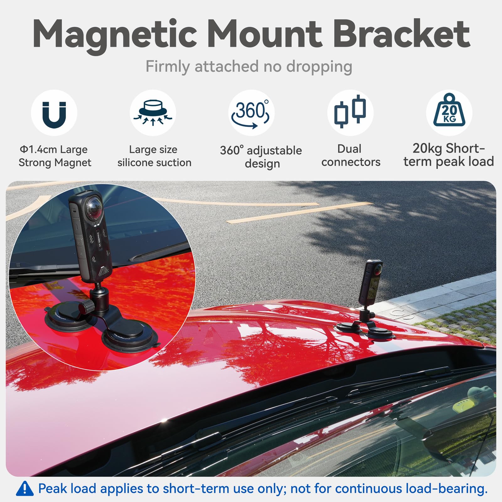 sciuU Support Magnétique – compatible avec GoPro, DJI Action, Insta360 X5 / X4 / Ace Pro & Caméras d'Action – Adaptateur à vis 1/4″, Tête à rotule 360°, Design Magnétique & Sillicone Ventouse Puissant