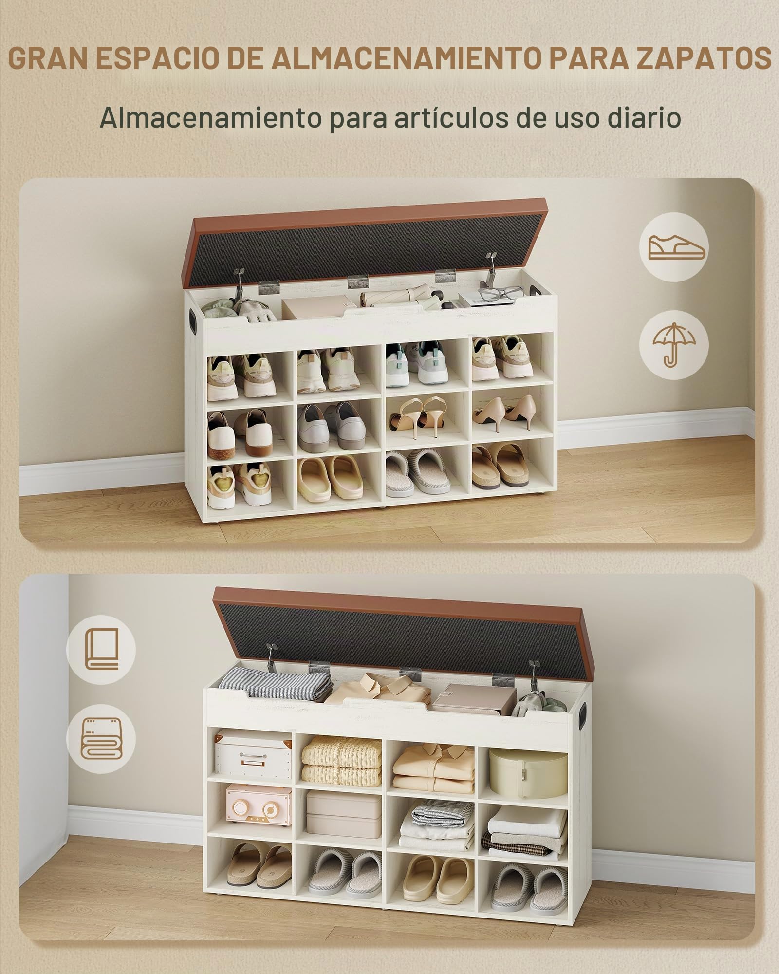 Hzuaneri Banco Zapatero, Zapatero con Asiento, Banco con Espacio de Almacenamiento, 12 Compartimentos, Estantes Extraíbles, Edecuado para Salón, Pasillo, Entrada 30 x 100 x 55,4 cm Marrón y Blanco