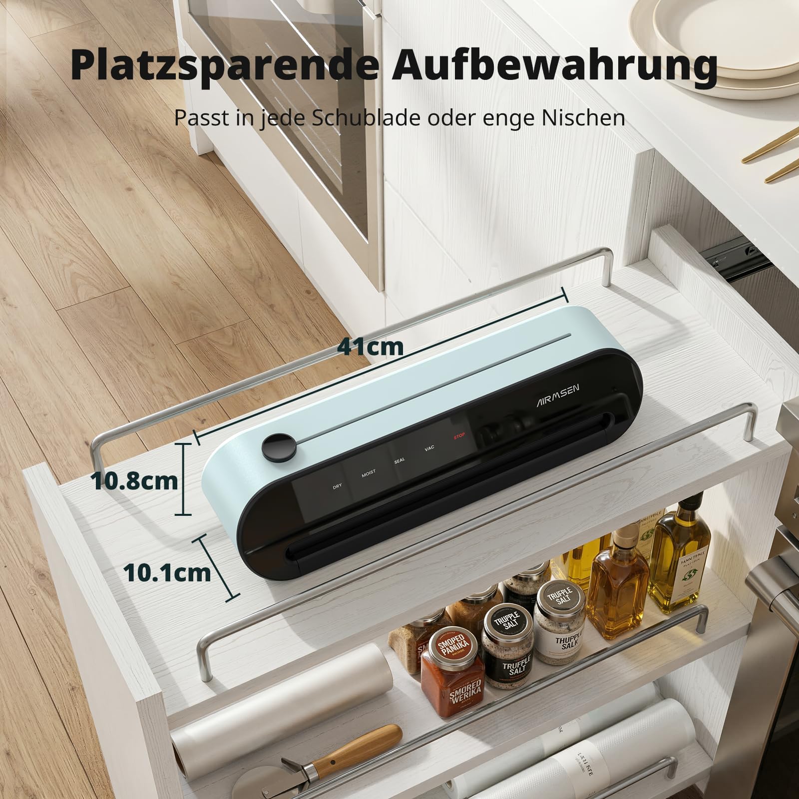 AIRMSEN 6-in-1 Vakuumiergerät Vollautomatisch mit Aufblasfunktion, Leistungsstarke Tiefenabsaugung, Einhand-Bedienung mit Cutter & Schlauchaufbewahrung, Starter-Kit, Mintgrün