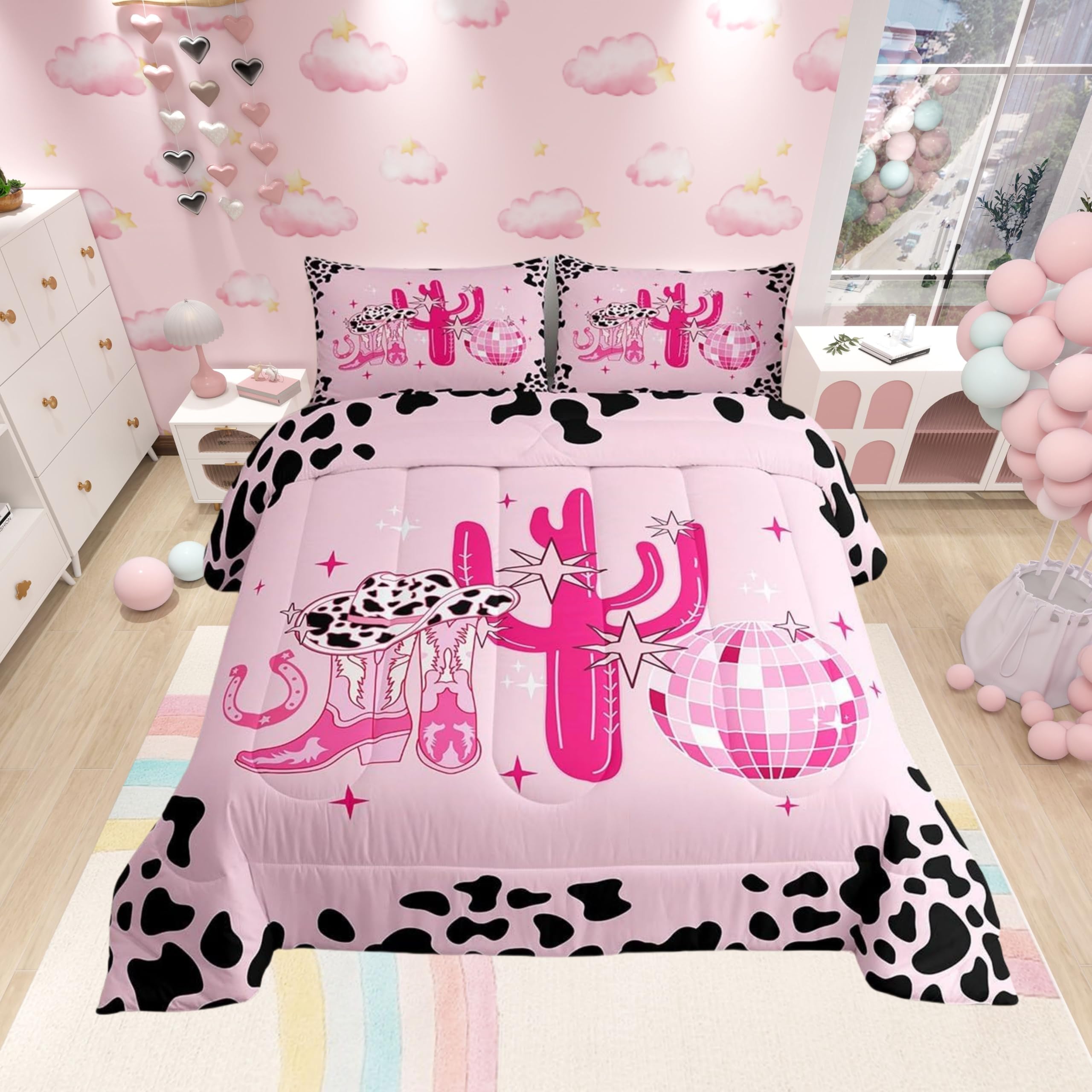 Castle Fairy Western Cowboy Comforter Set,Cowgirl Bedding Set for Kids Girls Women,Adults Pink and Black Comforter,Farm Life Quilted Duvet Set Bedroom