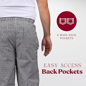 Professional Chef Work Pants for Men, Polyester Mens High Waisted Pants, Adjustable Chef Apparel with Deep Pockets, Gray and White Checkered Utility Pants