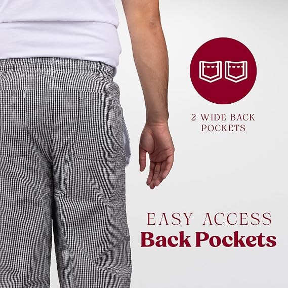 Professional Chef Work Pants for Men, Polyester Mens High Waisted Pants, Adjustable Chef Apparel with Deep Pockets, Gray and White Checkered Utility Pants