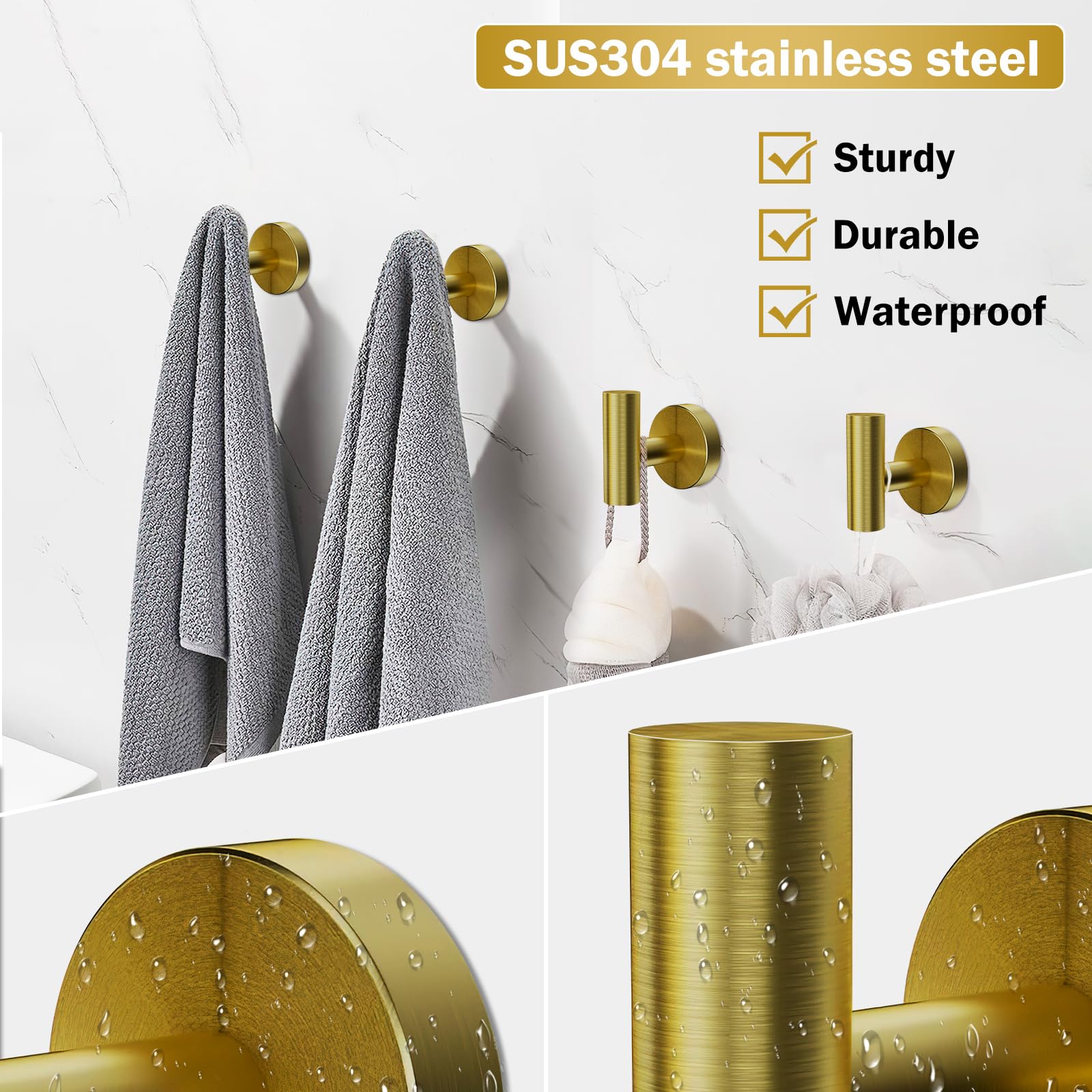 Woobroo 4 Pack Matte Gold Towel Hooks, Bathroom Hooks Heavy Duty SUS 304 Stainless Steel Bathroom Wall Hooks for Robes Coats - Image 4