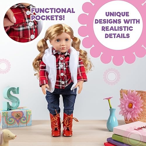 Miniatura 5 de Conjunto de 4 piezas de muñeca de senderismo para otoño e invierno al aire libre, incluye camisa de franela, chaleco, jeans con cinturón y botas,