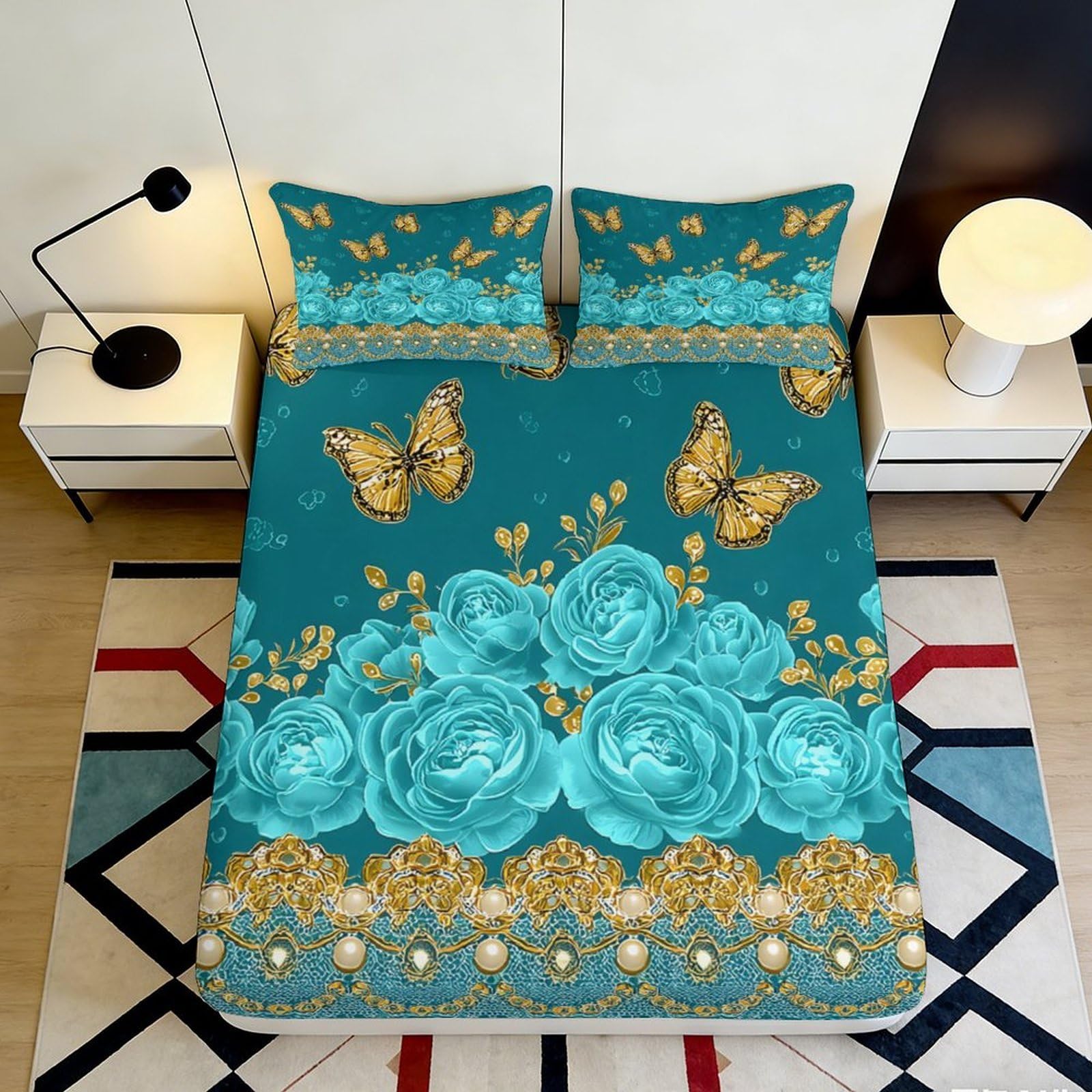 3D Printed turquoise butterfly fitted sheet, floral microfiber soft touch, apartment bedding, anti-slip, machine washable, bedroom decor, guest room use 90x200x25cm