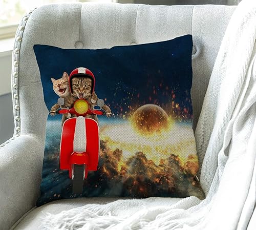 Miniatura 3 de Swono Two Funny Cats are Driving a Moped - Funda de cojín de lino y algodón, funda de cojín decorativa para el hogar, oficina, para sofá, sala de