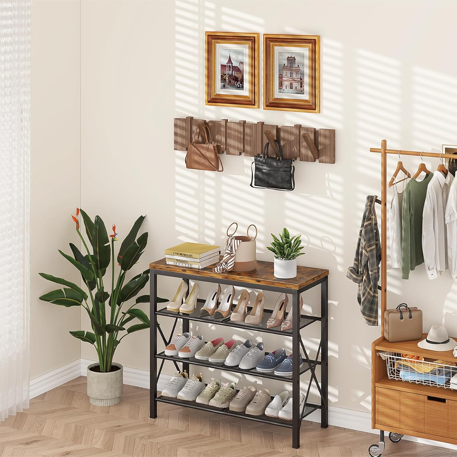 4 Tier Shoe Rack, Metal Shoe Organizer with Wooden Top, Shoe Shelf for Entryway Closet Door Entrance, Rustic Brown