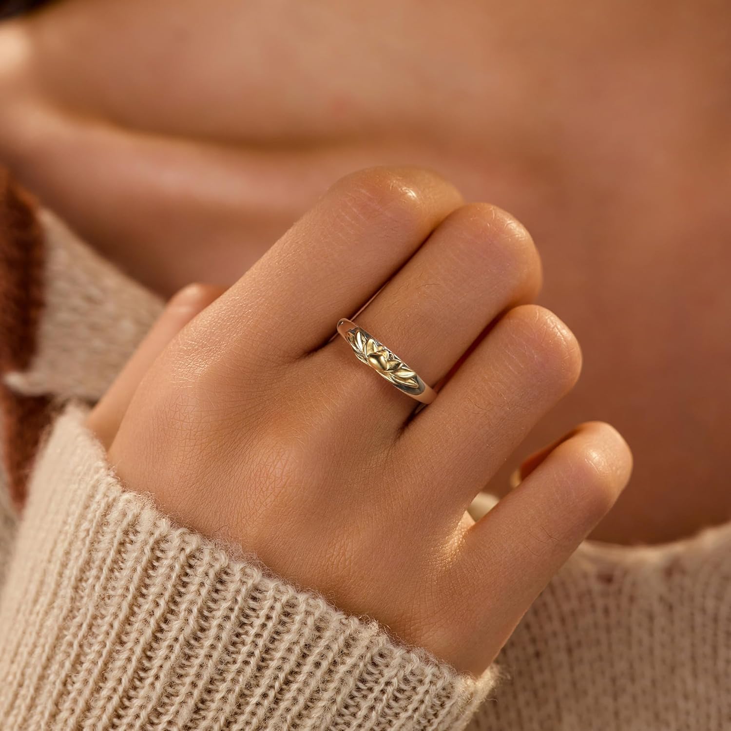 LOVECOM Lotus Promise Ring for Women 925 Sterling Silver Adjustable Lotus Flower Floral Ring Gold Plated Open Inspirational Empowering Statement Ring Birthday Jewelry Gifts for Her Mom Wife - Image 2