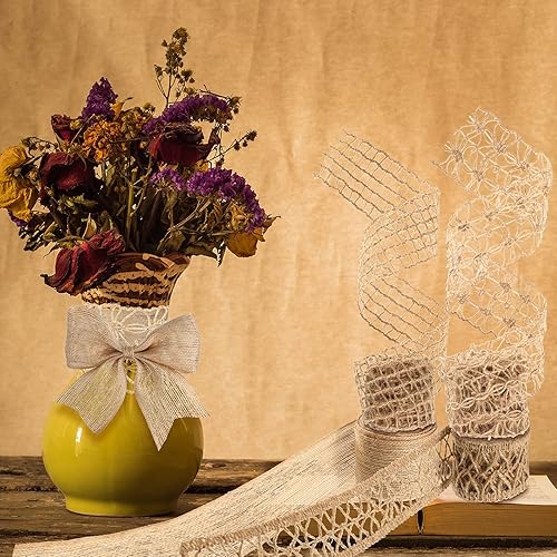 Miniatura 5 de 4 rollos de cinta de arpillera de yute natural de encaje de arpillera de 1.6 a 2 pulgadas x 16.4 yardas para manualidades, coronas, lazos grandes,