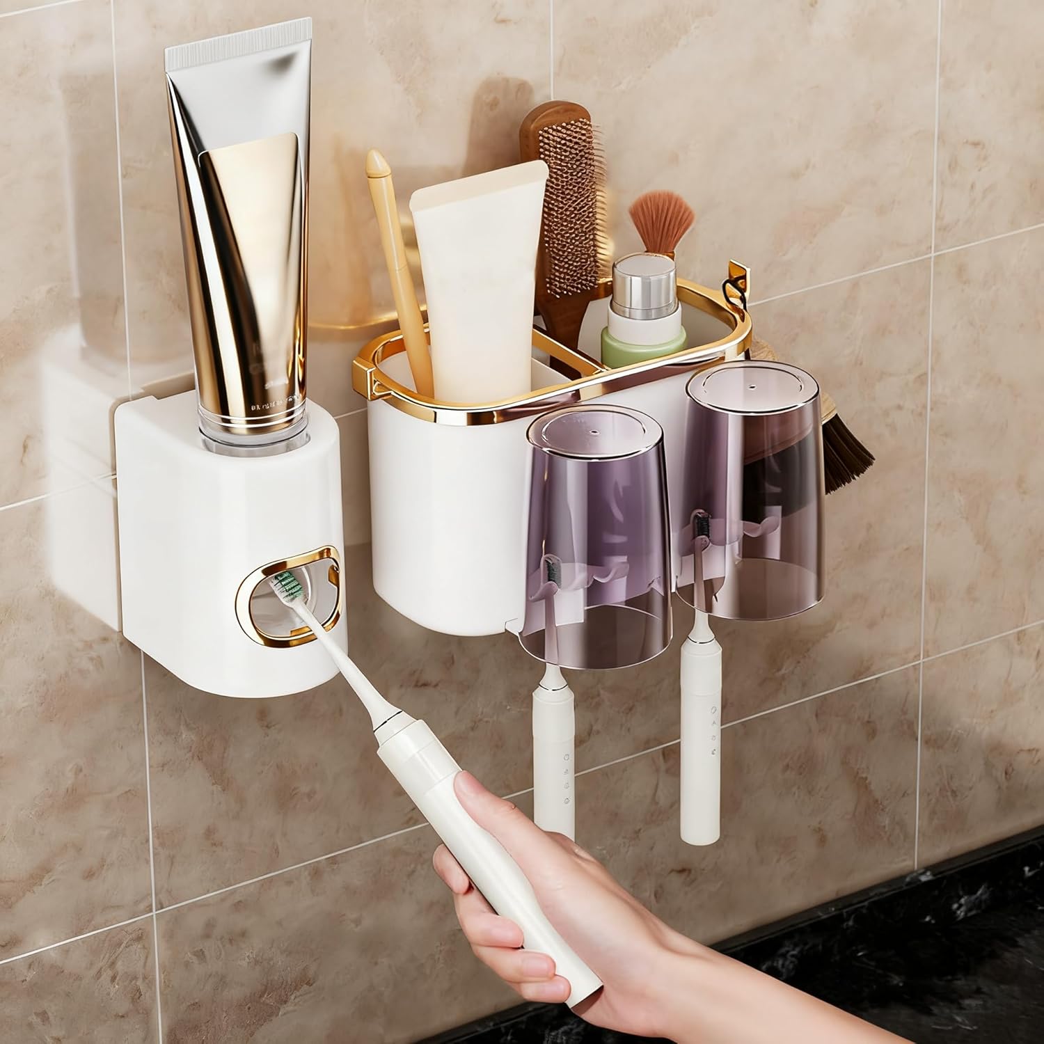 Toothbrush Holders for Bathrooms, 2 Cups Toothbrush Holder Wall Mounted with Toothpaste Dispenser – Large Capacity Tray, Cosmetic Drawer – Tooth Brushing Holder & Bathroom Accessories