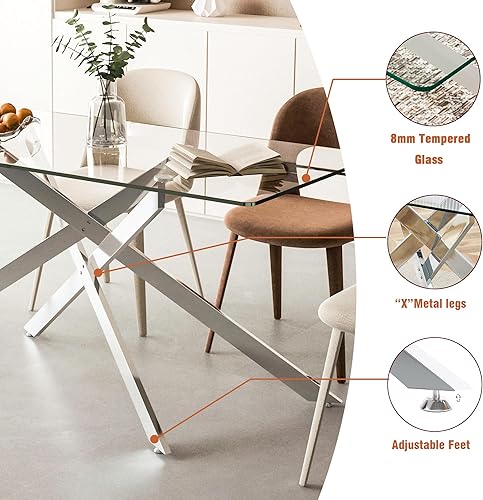 Miniatura 224 de Mesa de comedor de cristal de 51 pulgadas para 4, mesa de comedor rectangular contemporánea con parte superior de vidrio templado y patas de acero