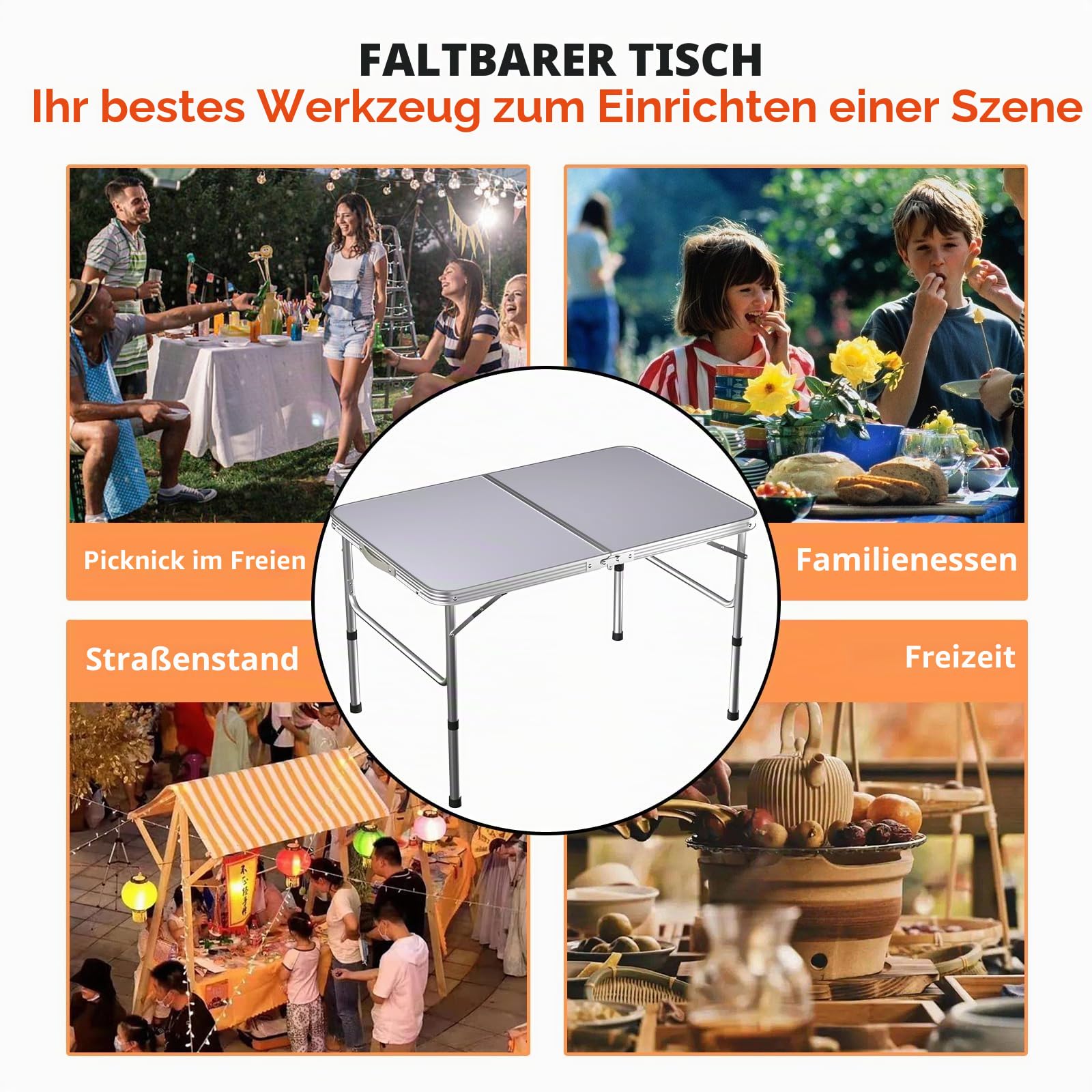 91 cm höhenverstellbarer Klapptisch, Aluminium, faltbar, tragbar, Camping, Picknick, Tisch für Outdoor, Innenbereich, Küche, Garten, Grillparty, kompakt, klein, platzsparend, zusammenklappbar, Zuhause