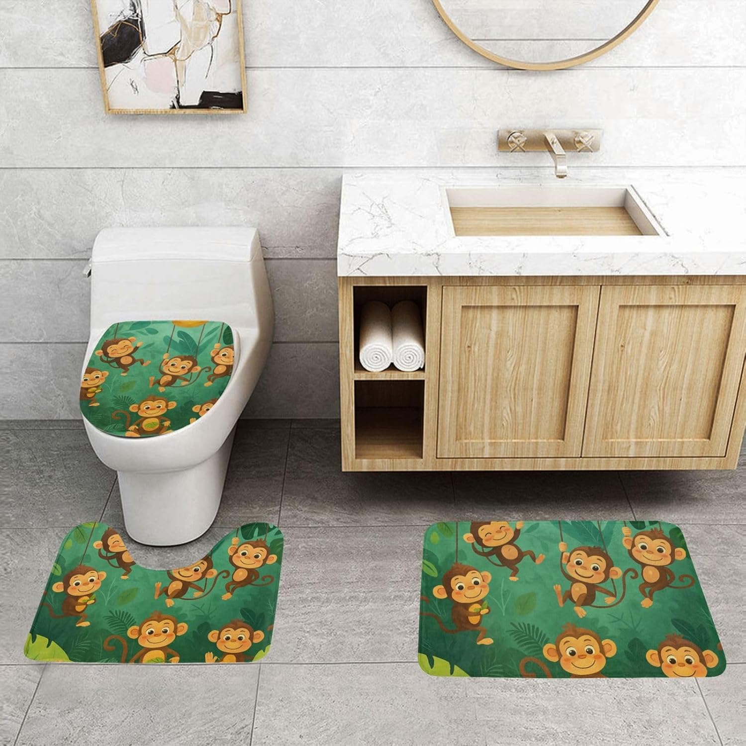 Playful Monkey in Forest Bathroom Non Slip Rugs Sets 3 Piece Flannel Mat Carpet Set