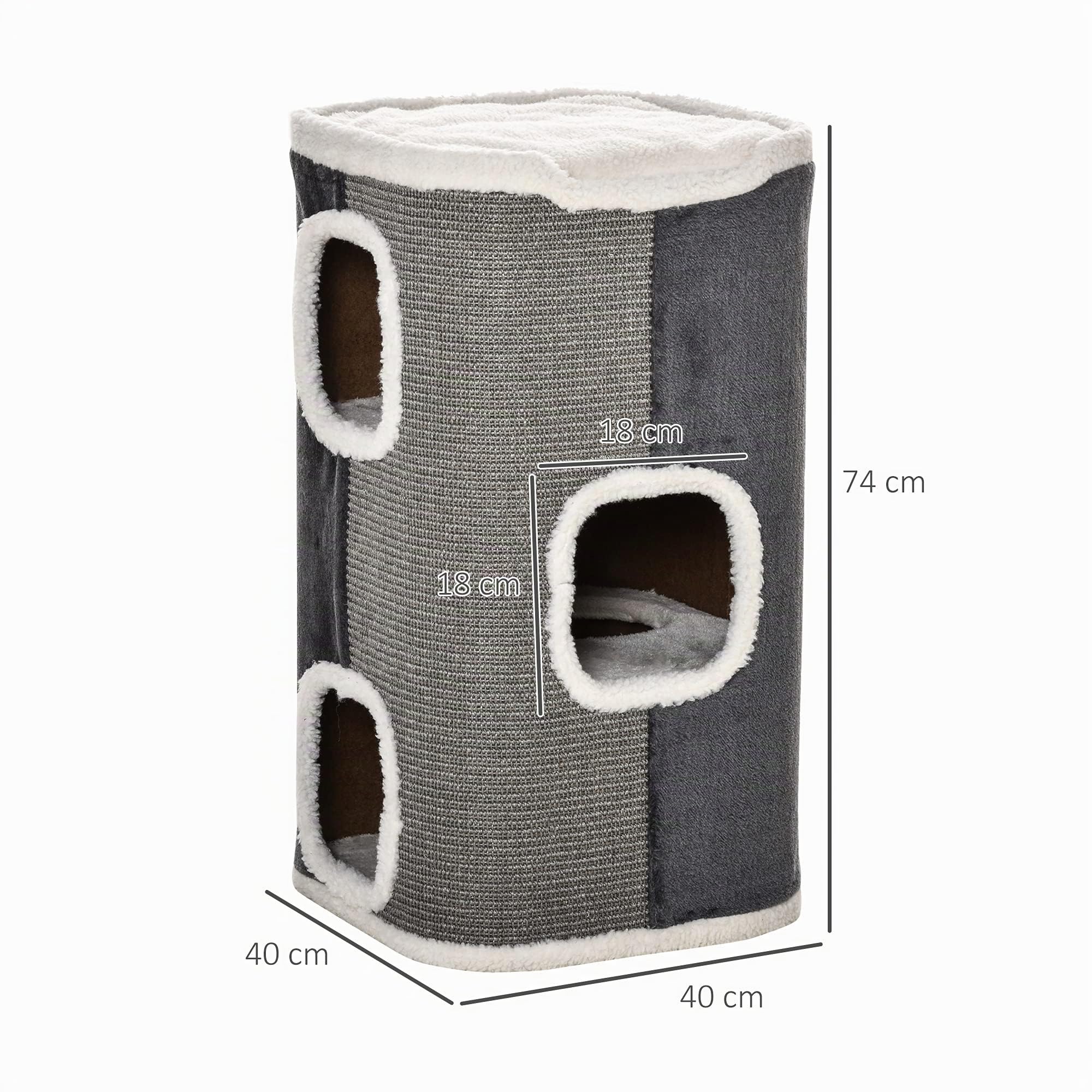 PawHut Griffoir pour Chats Arbre à Chat 3 Niveaux Arbre à Grimper pour Chats Meubles pour Chats Panneau aggloméré Polyester velouté Sisal Gris+Blanc 40 x 40 x 74 cm