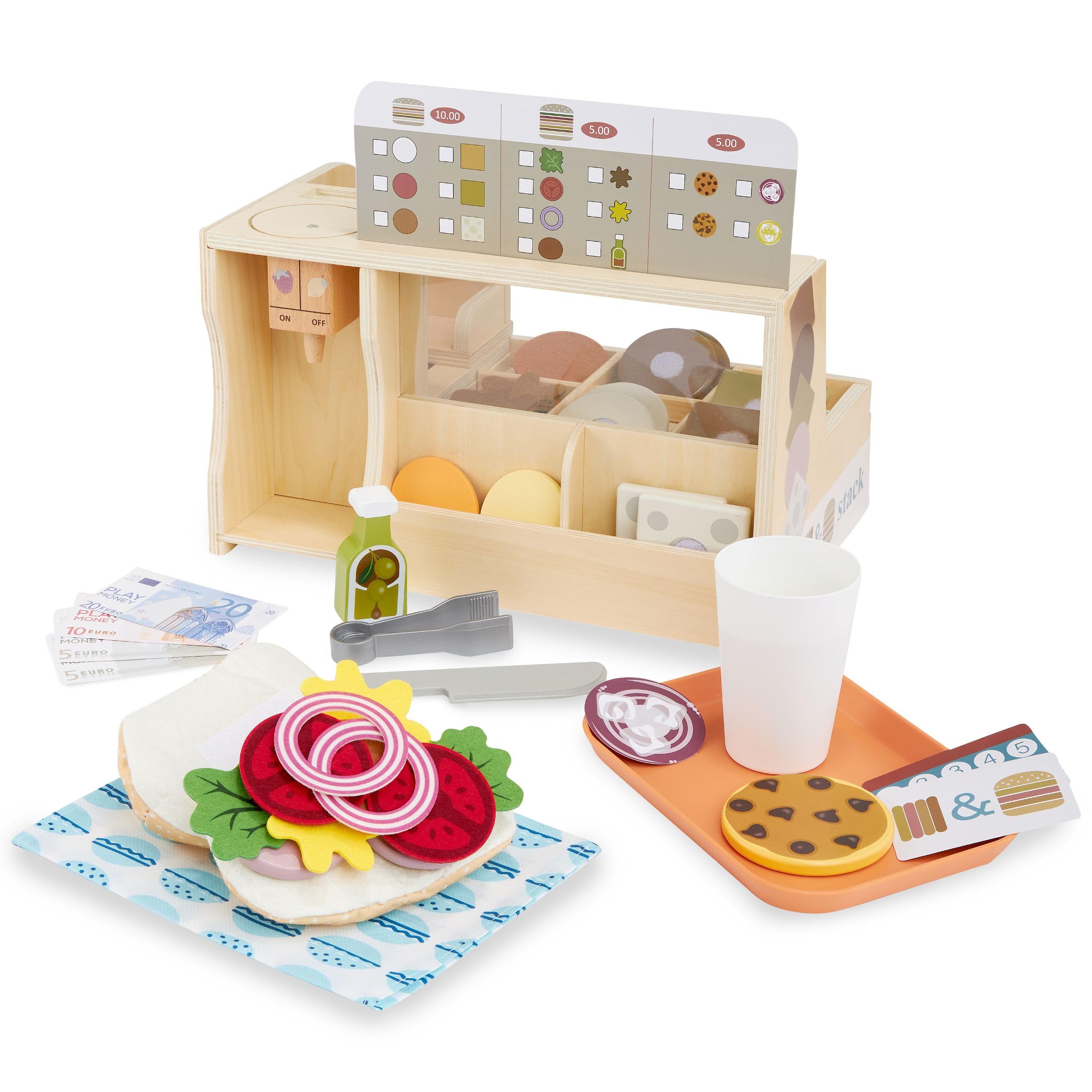 mamabrum Paninoteca Giocattolo in Legno per Bambini, Banco Fast Food con Cibo e Accessori, Gioco di Ruolo Ristorante, Panini e Cucina Giocattolo, 3 Anni