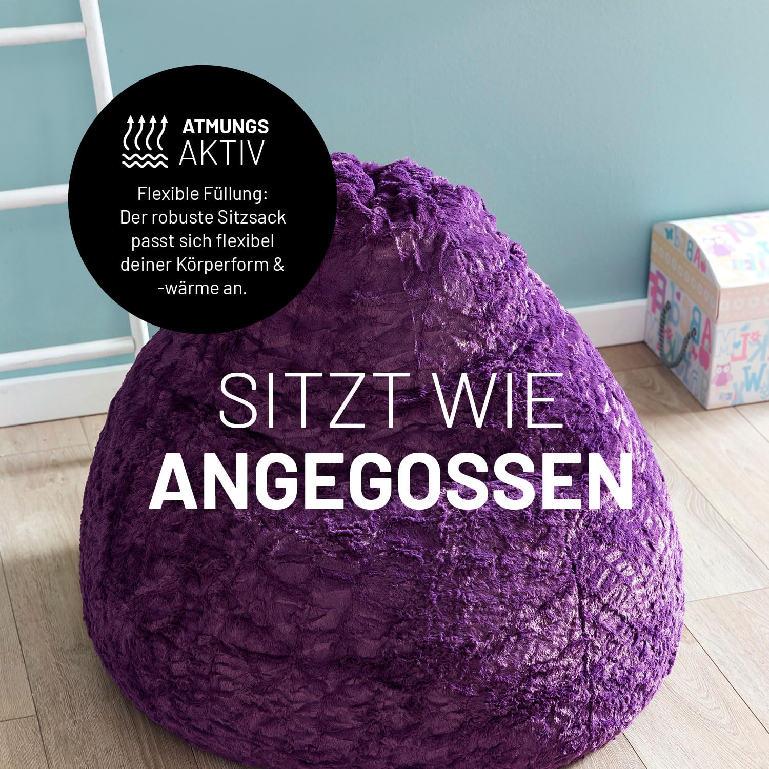 Lumaland Fluffy Sitzsack | Kinderzimmer Sitzkissen 60 x 45 cm | Waschbarer Bezug aus Webplüsch | Flauschiger & weicher Kinder Bodenkissen | Passend für Mädchen & Jungen | 120L Volumen [Dunkel Lila]