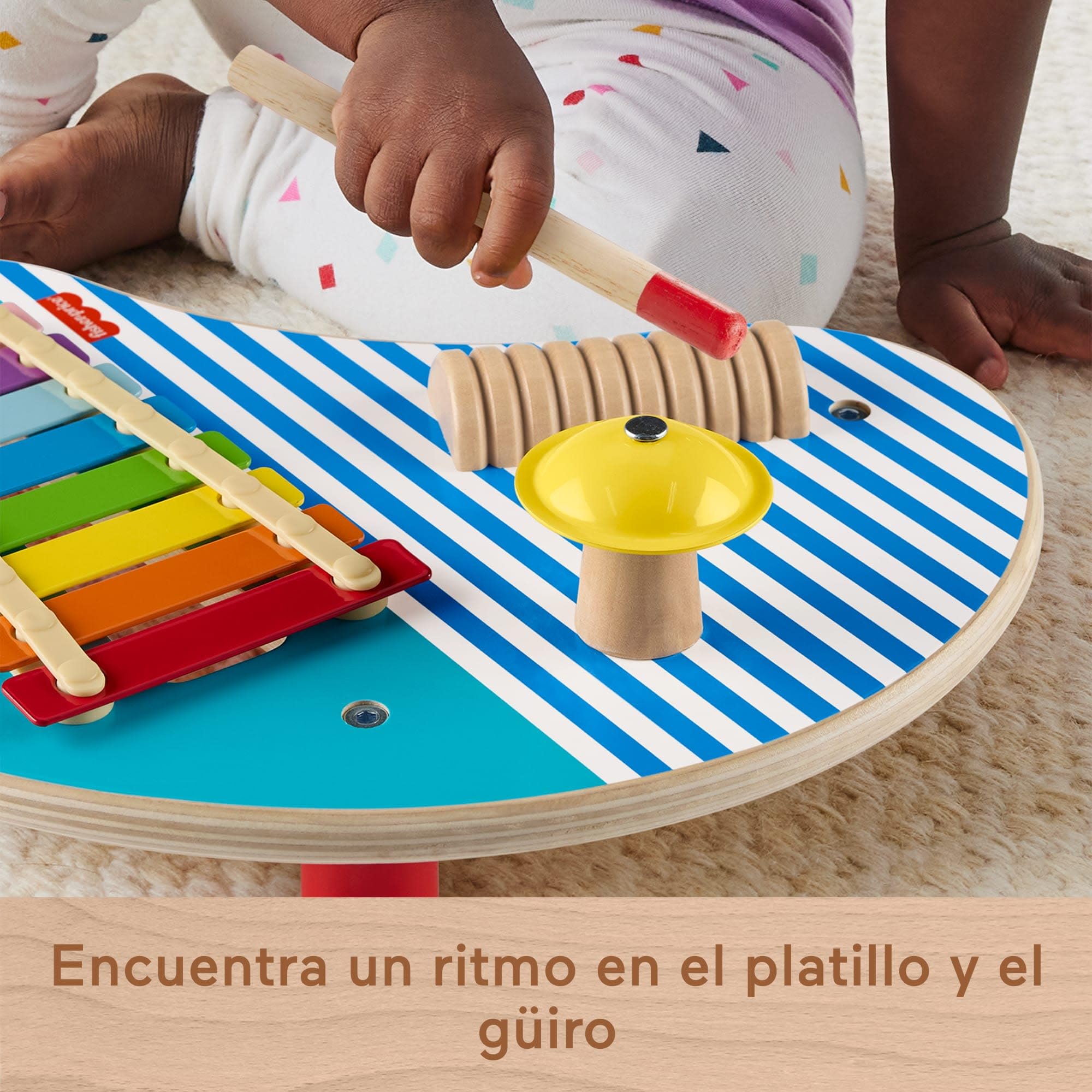 Fisher-Price Mesa de madera con 3 instrumentos de percusión, incluye xilófono, platino y güiro, fabricado en material certificado FSC, +2 años (HXT91)