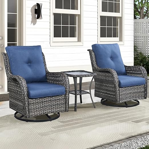 Outdoor Swivel Rocker Patio Chairs with Side Table 3 Pieces PE Wicker Patio Furniture Set for Porch Deck Balcony Garden-Grey/Blue