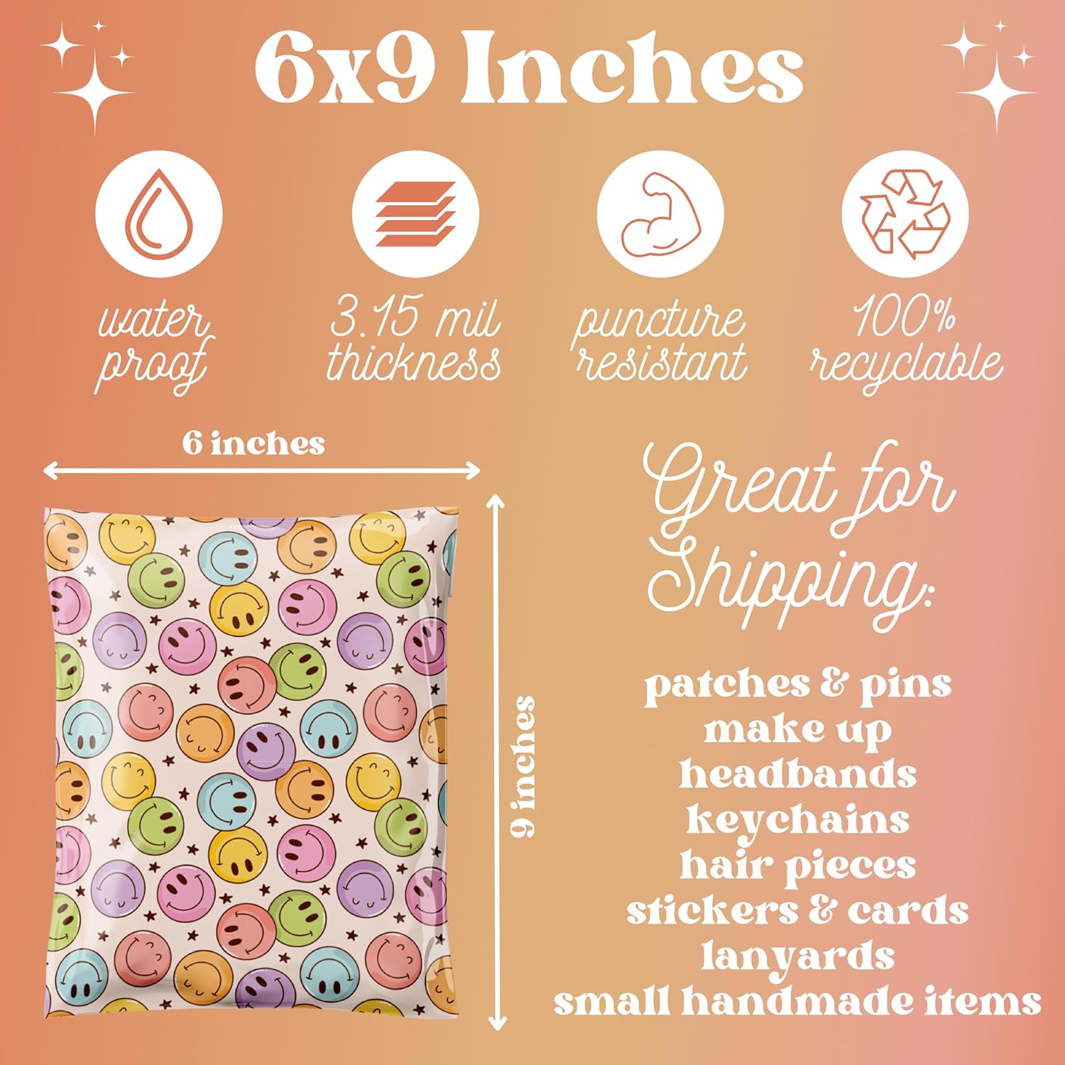 Poly Mailers 6x9 100 Pack, Waterproof & Tear Resistant Mailing Envelopes for Small Business Supplies, Shipping Bags for Clothes, Cute Shipping Bags for Small Business, Happy Smiles