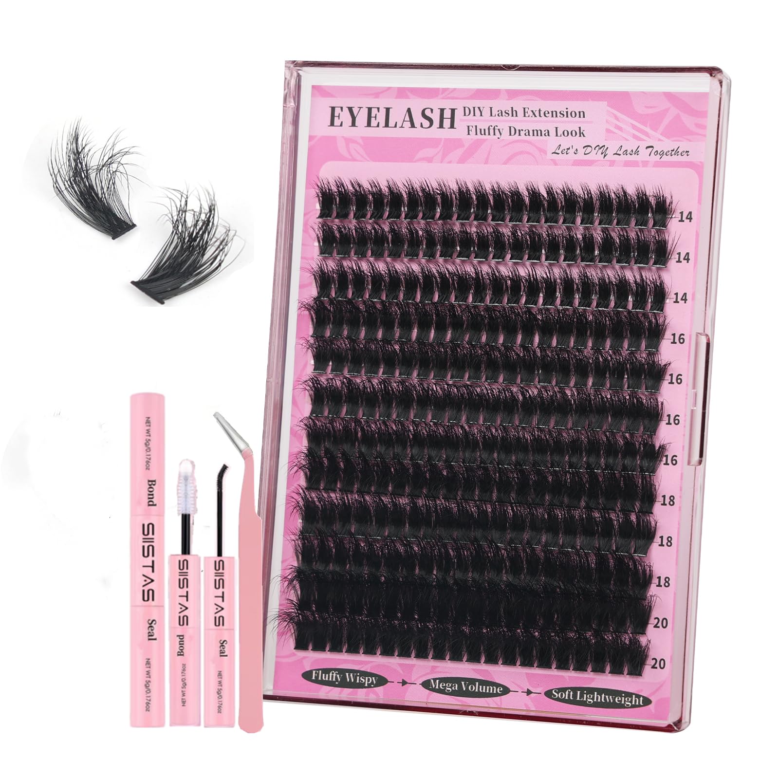 Individual Eyelashes Wispy Lash Clusters Kit 100D Cluster Lashes DIY Eyelash Extension Kit 14-20MM Russian D Curl Lashes 240PCS Individual Cluster with Tweezers and Bond and Seal(100D KIT)