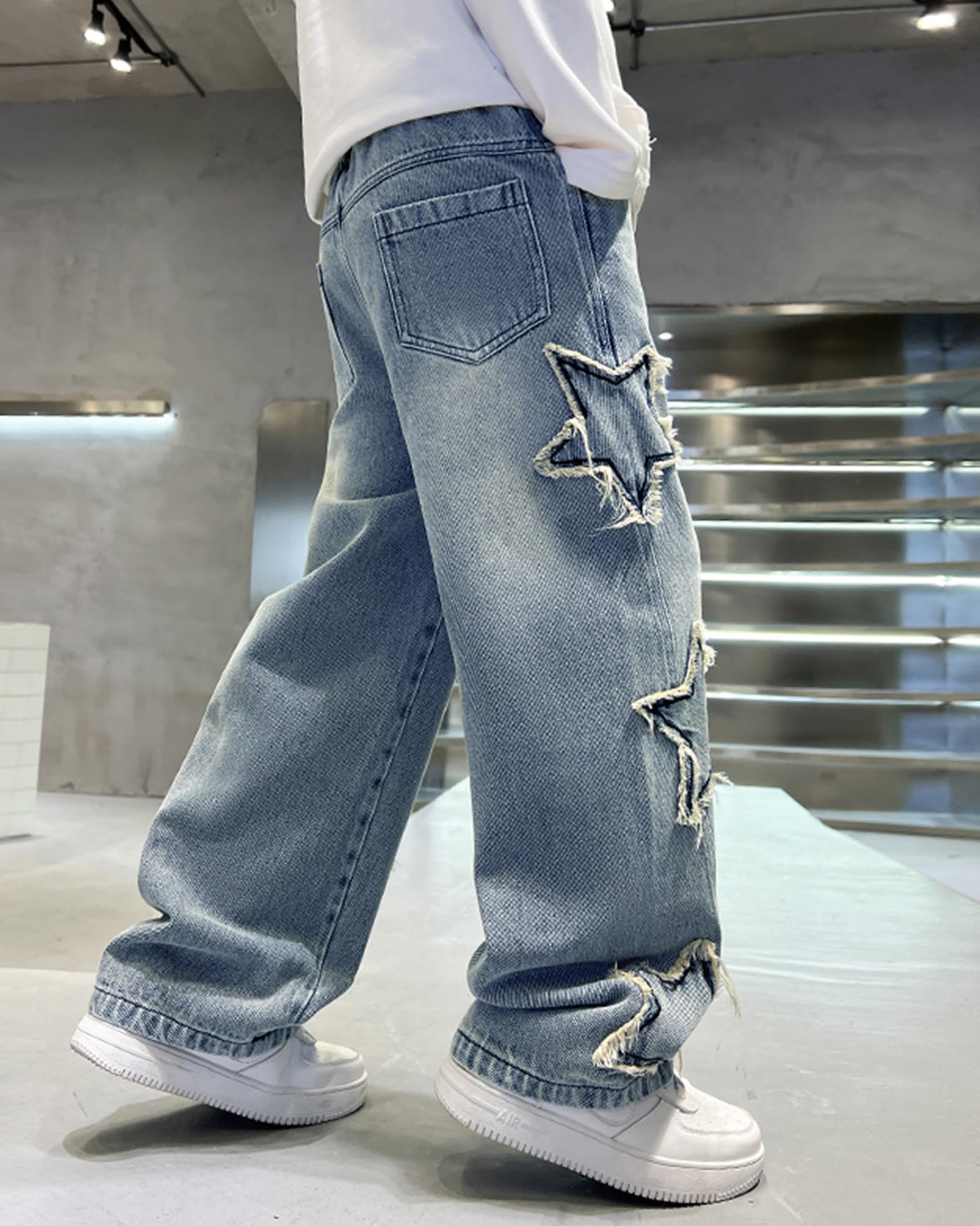 Rolanko Pantaloni Cargo Larghi per Ragazzi Jeans Bootleg Skater Elasticizzati in Vita con Tasche Multiple Pantaloni Denim Vintage Streetwear per Bambini