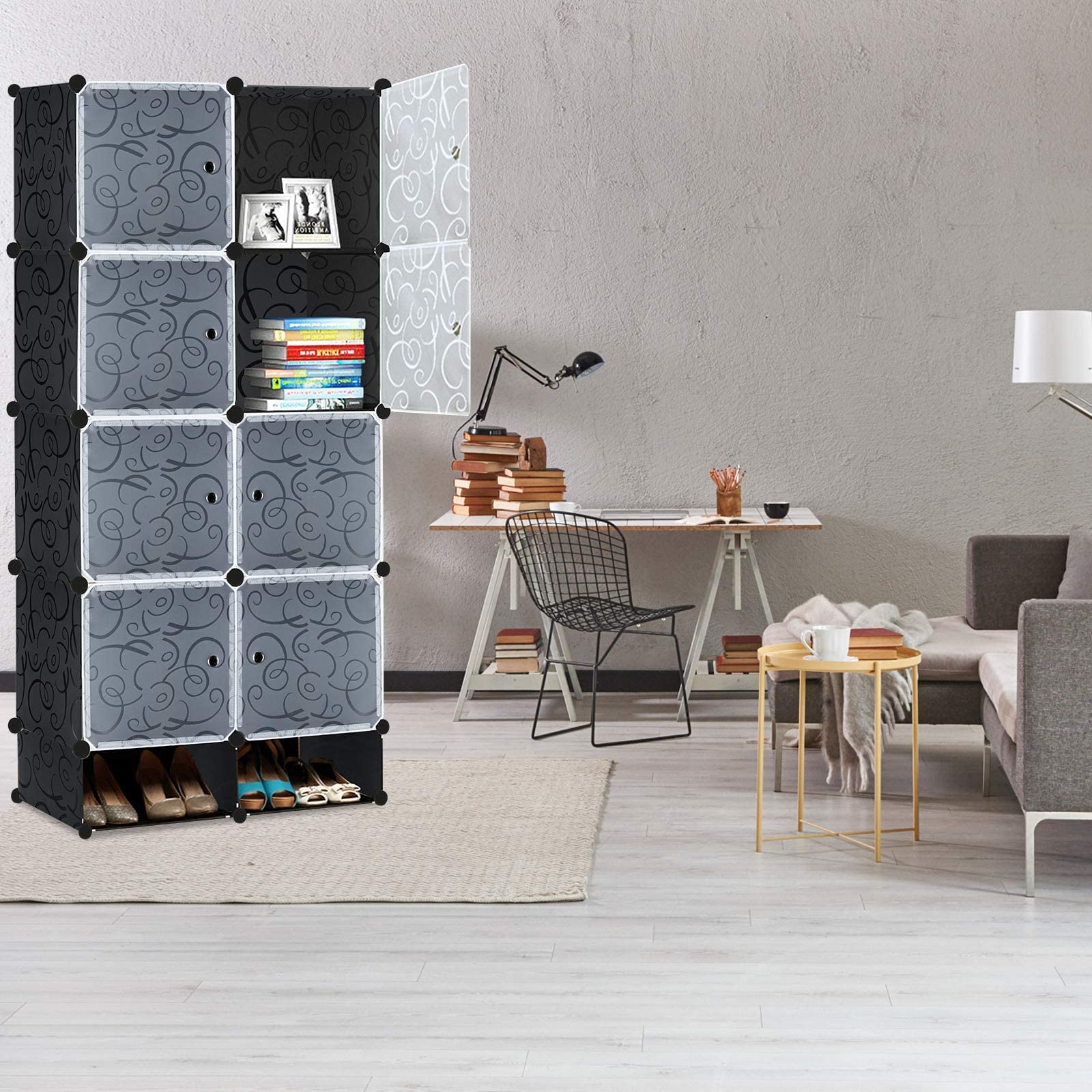 YUENFONG Sistema de estanterías para armario de 8 cubos de material PP, armario con puertas, zapatero, sistema de estantería portátil, para libros, ropa, juguetes (negro)