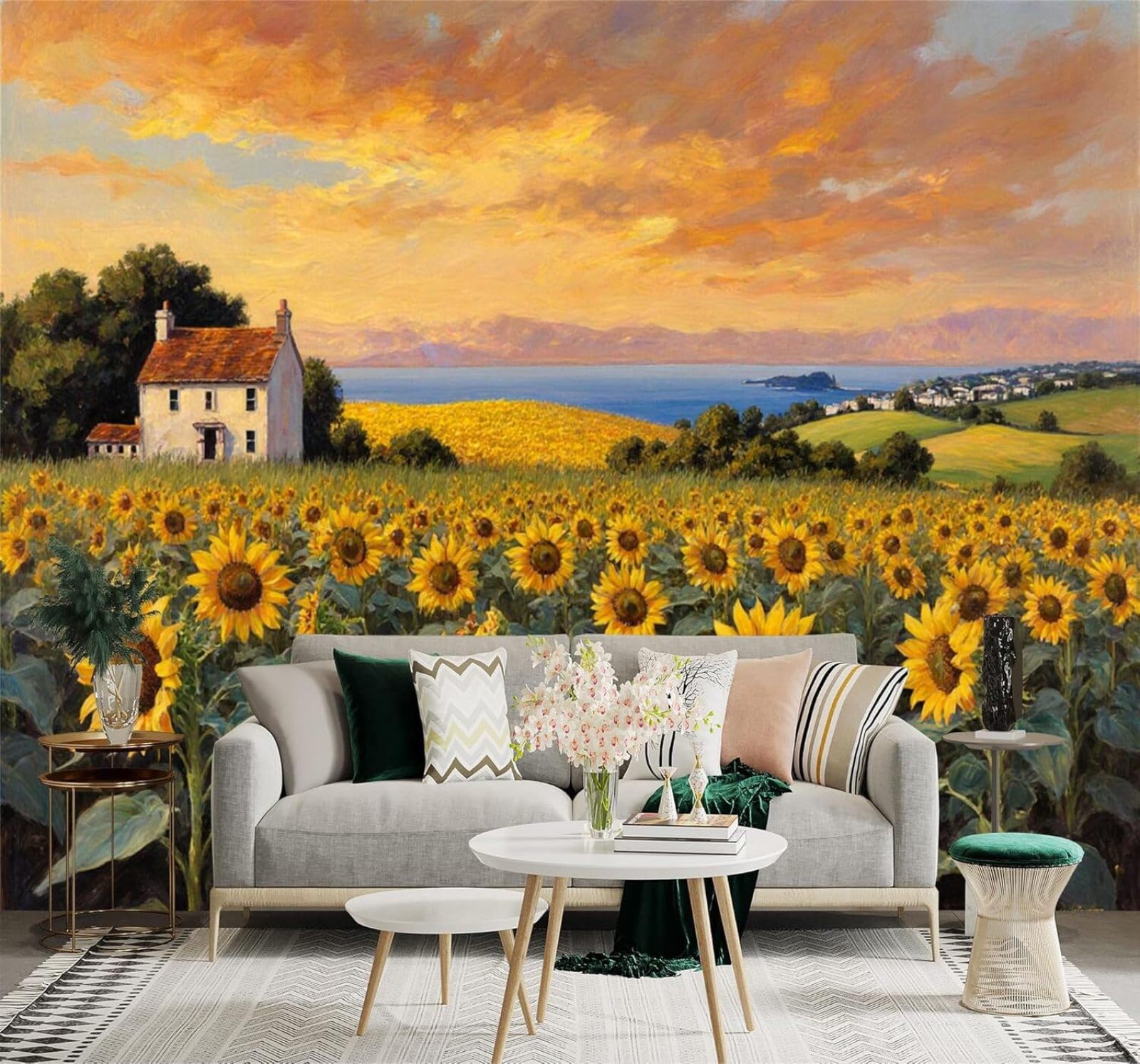 XLMING Sunflower Field Cottage Coastal Scenery Golden Sunset Sky 3D Wallpaper Premium Textured Silk Study Dining Living Room Bedroom Sofa TV Wall Easy Install-250cm×170cm