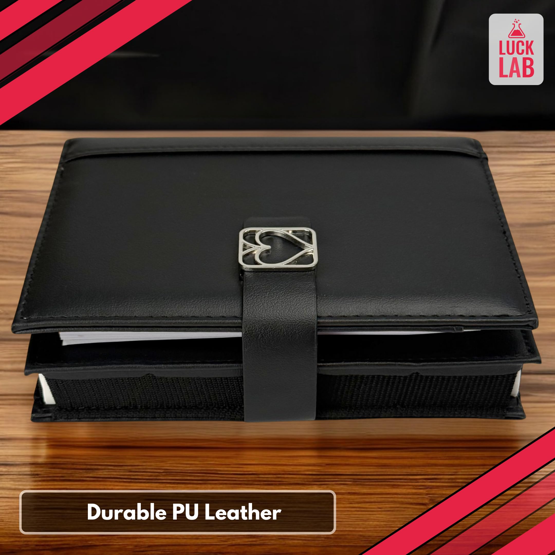 Luck Lab Double Deck Leather Playing Card Case/Holder - Fits Two Decks of Poker or Bridge Size Cards, Notepad and Pen (Black)