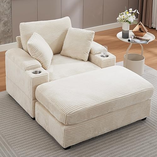Lakifun 50" Oversized Chaise Lounge Chair Indoor with Ottoman and Storage, Comfy Corduroy Sleeper Chair with Cup Holder, Deep Seat Upholstered Reading Armchair, Ideal for Living Room, Bedroom(Beige) - Beige