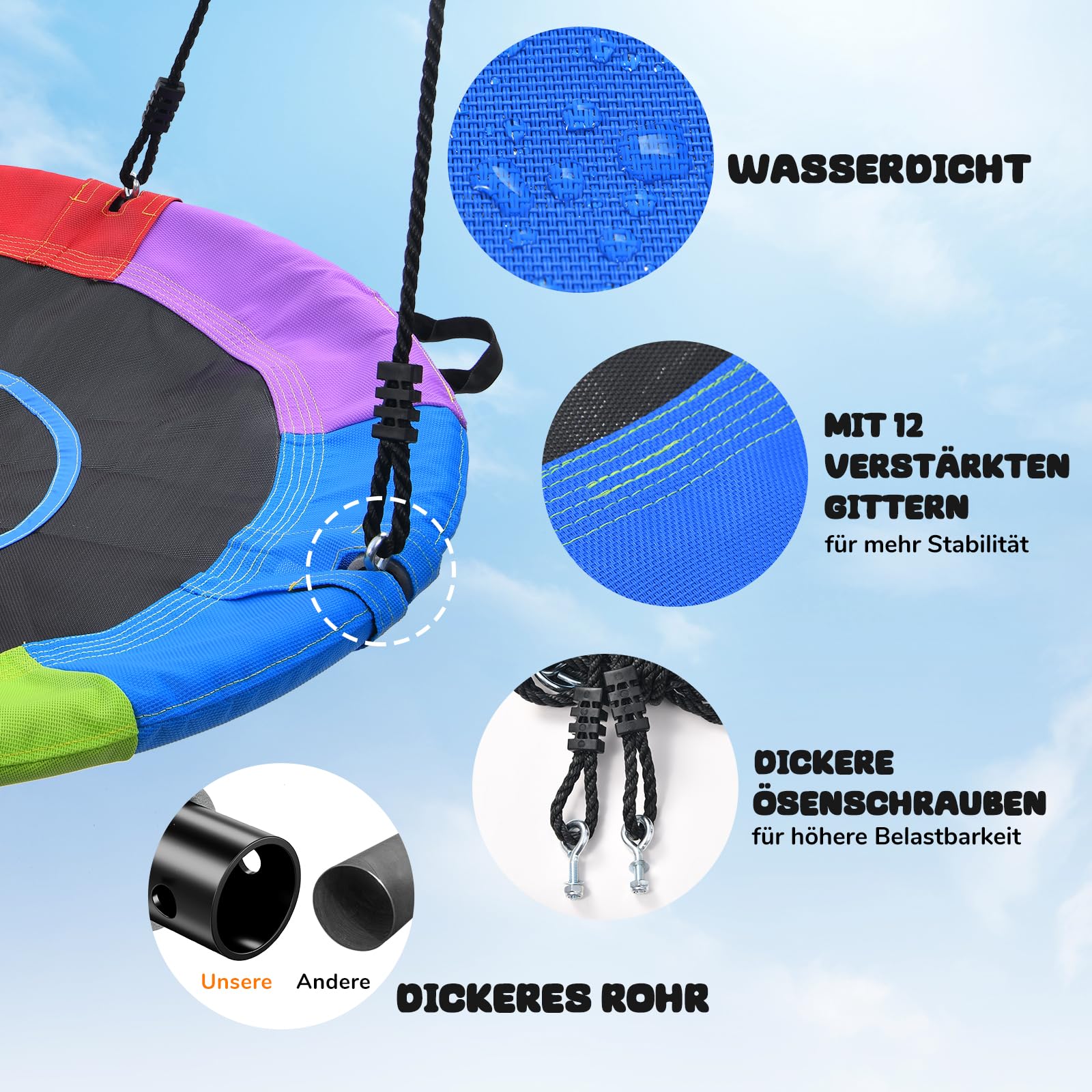 Trekassy Nestschaukel Outdoor 300kg XXL 100cm Tellerschaukel, 3 Meter 2 Schaukel Gurte, 900D Textilene wasserfeste Kinderschaukel Garten mit Stahlrahmen